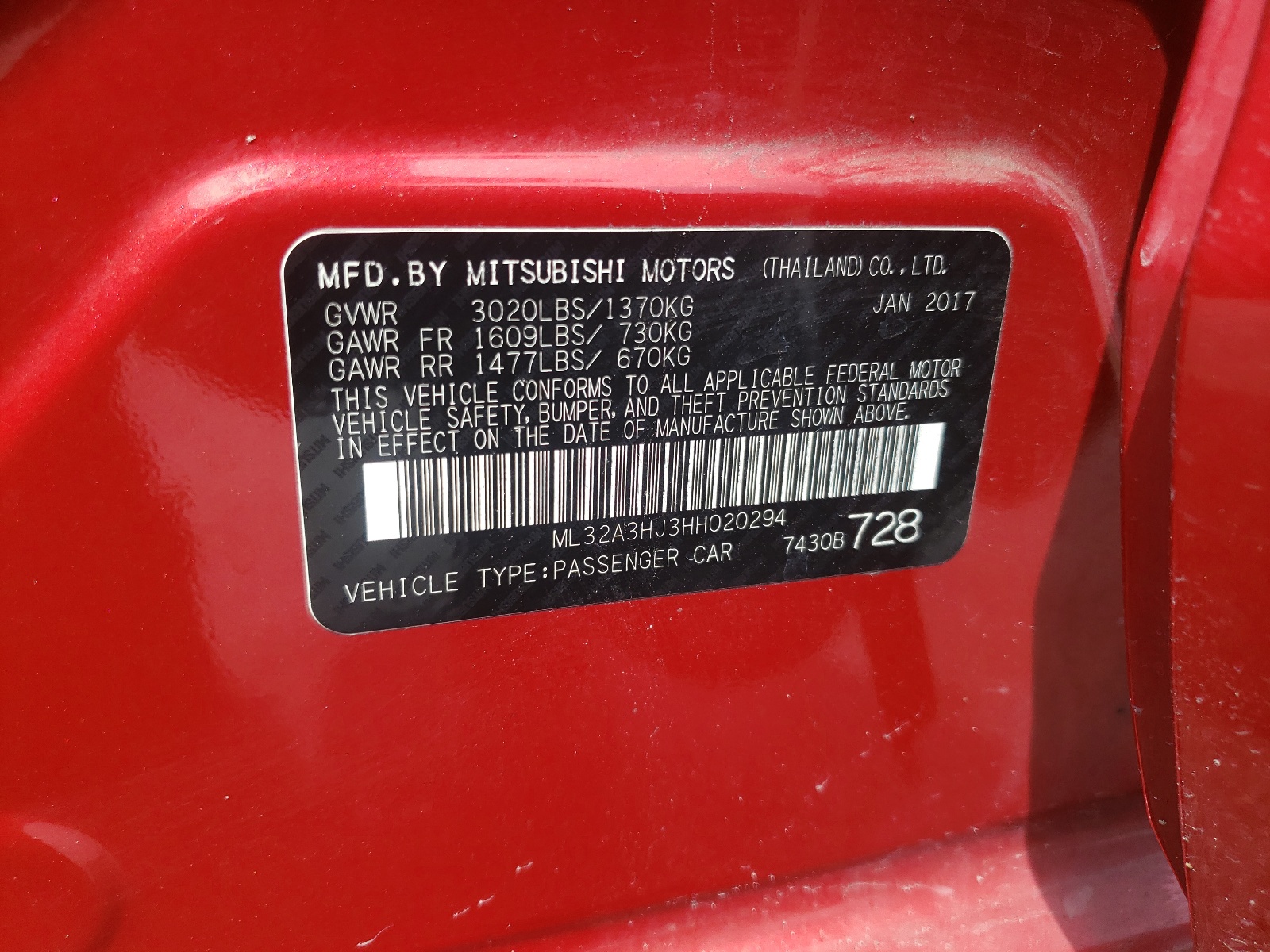 Photo 10 from auction – 2017 MITSUBISHI MIRAGE ES with VIN ML32A3HJ3HH020294