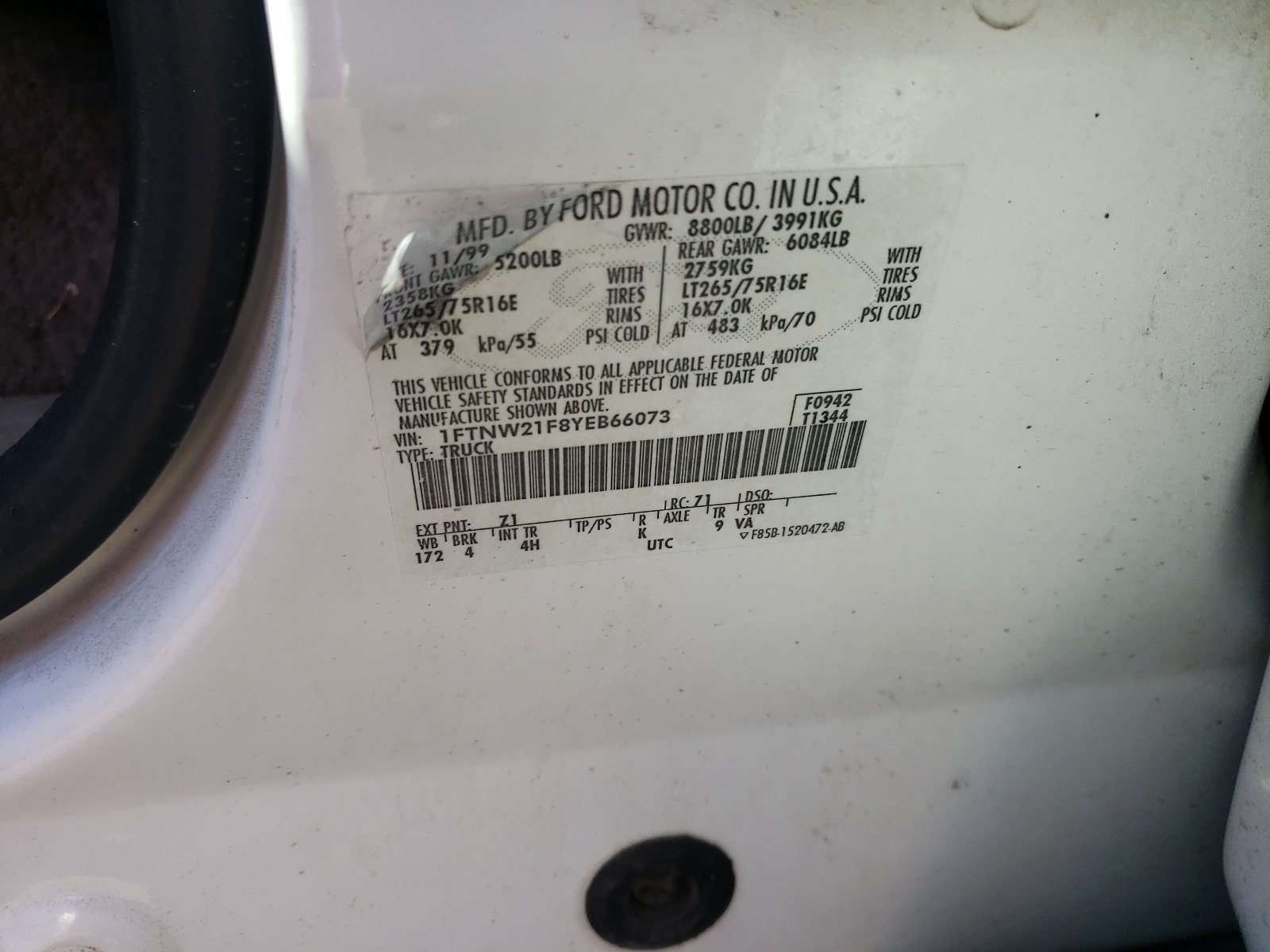 Photo 10 from auction – 2000 FORD F250 SUPER with VIN 1FTNW21F8YEB66073