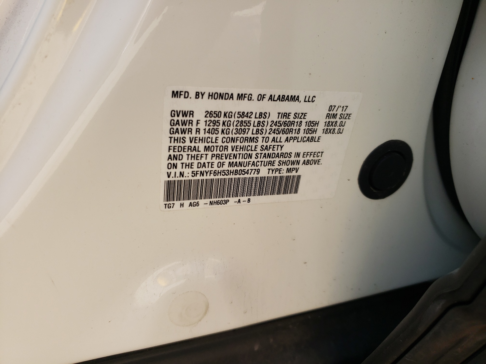Photo 10 from auction – 2017 HONDA PILOT EXL with VIN 5FNYF6H53HB054779