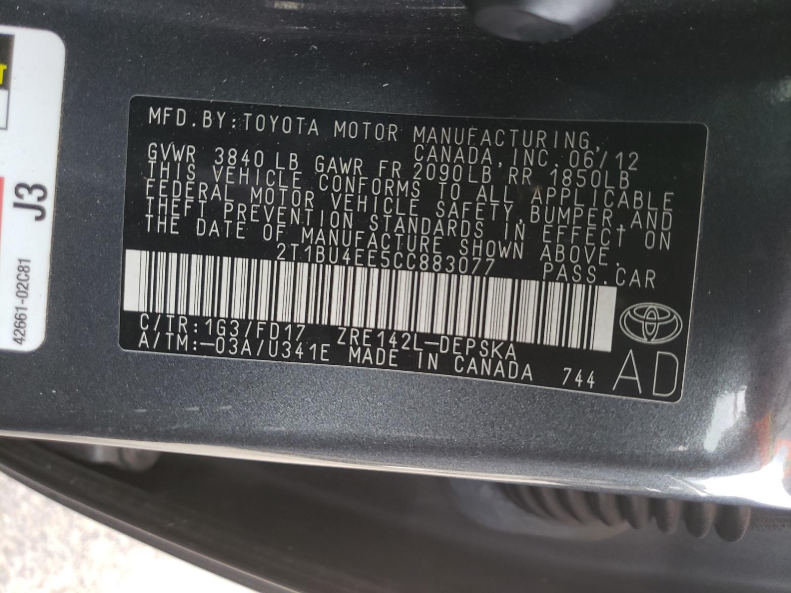 Photo 10 from auction – 2012 TOYOTA COROLLA BA with VIN 2T1BU4EE5CC883077
