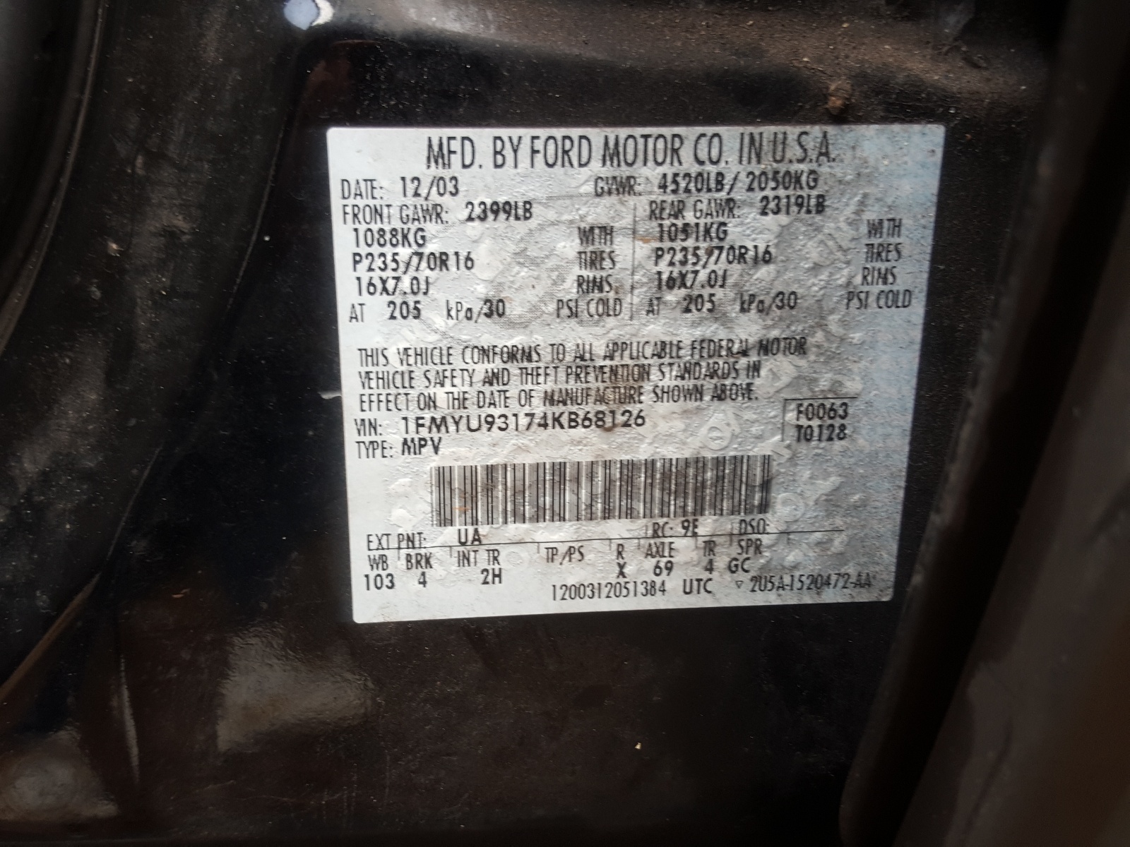 Photo 10 from auction – 2004 FORD ESCAPE XLT with VIN 1FMYU93174KB68126