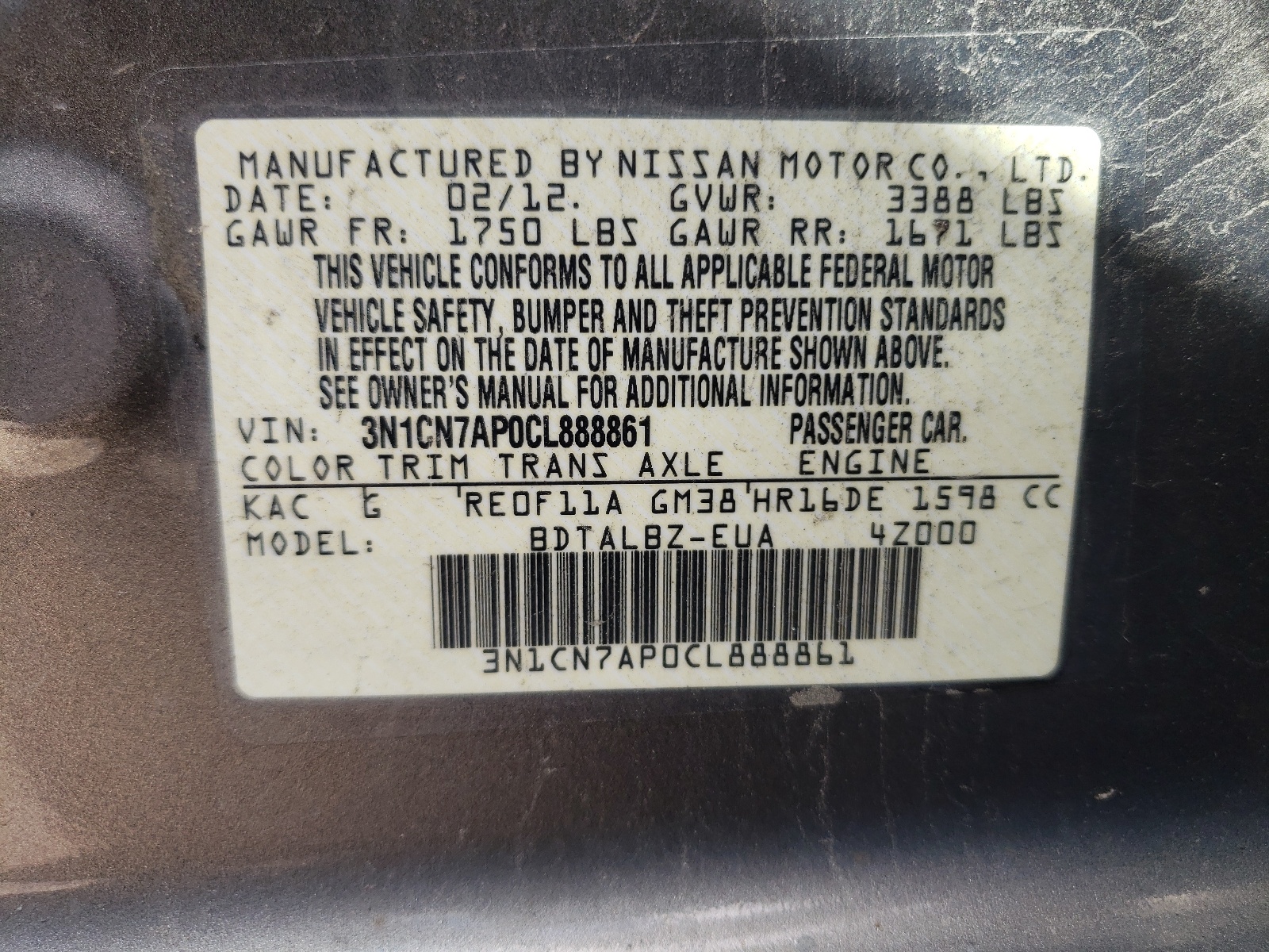 Photo 10 from auction – 2012 NISSAN VERSA S with VIN 3N1CN7AP0CL888861