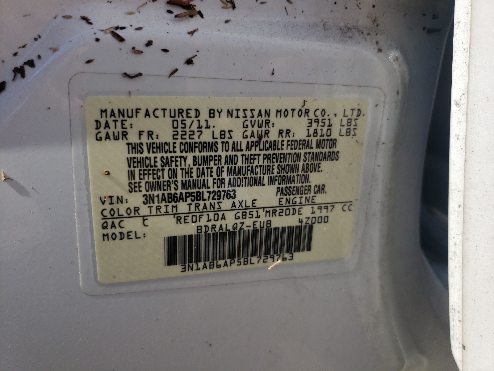 Photo 10 from auction – 2011 NISSAN SENTRA 2.0 with VIN 3N1AB6AP5BL729763