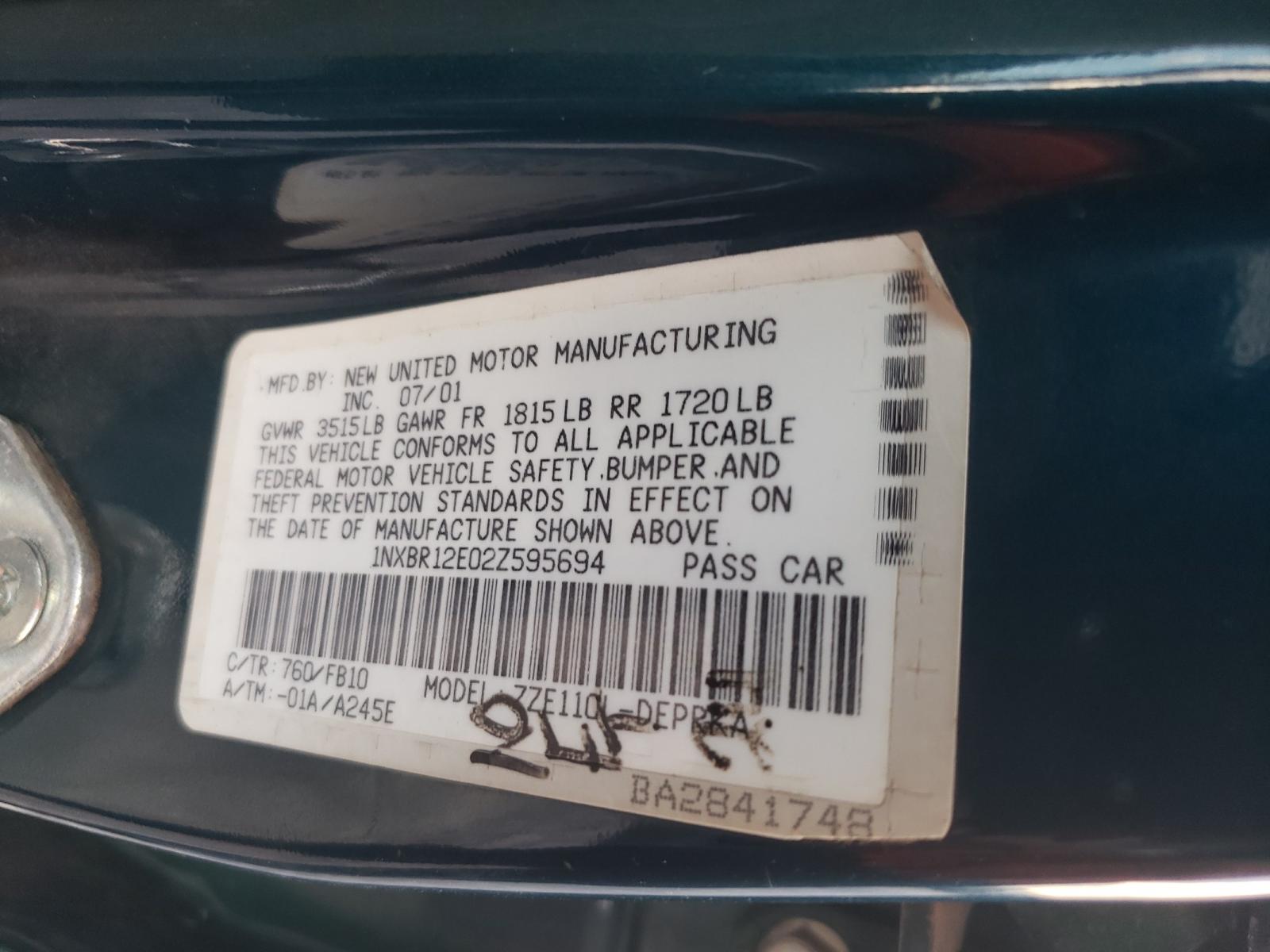 Photo 10 from auction – 2002 TOYOTA COROLLA CE with VIN 1NXBR12E02Z595694