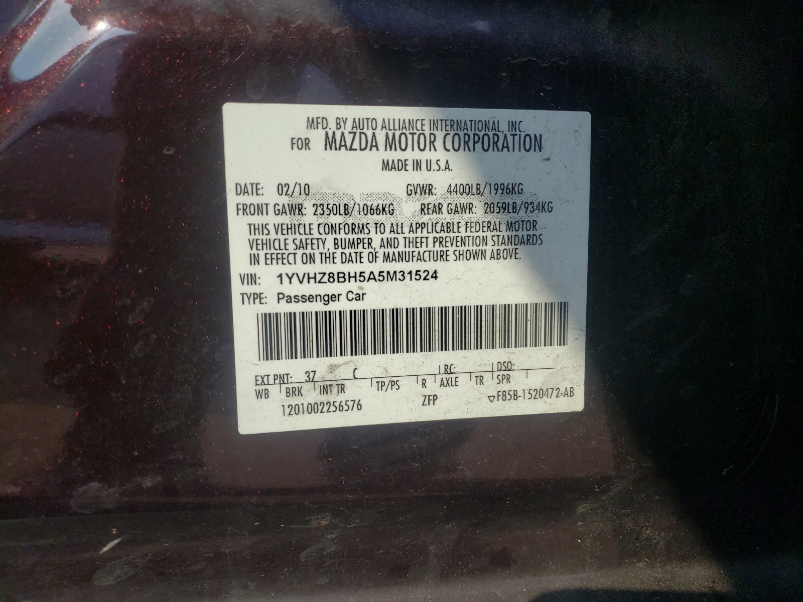 Photo 10 from auction – 2010 MAZDA 6 I with VIN 1YVHZ8BH5A5M31524