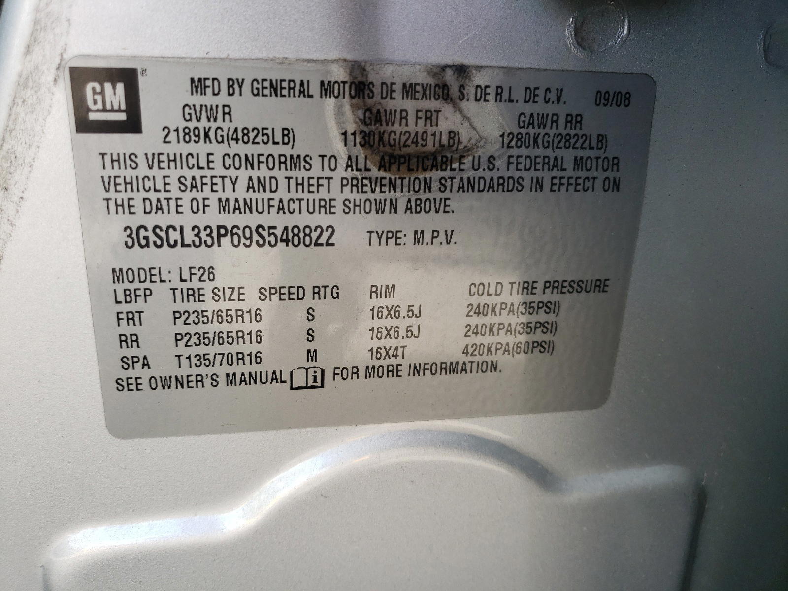 Photo 10 from auction – 2009 SATURN VUE with VIN 3GSCL33P69S548822