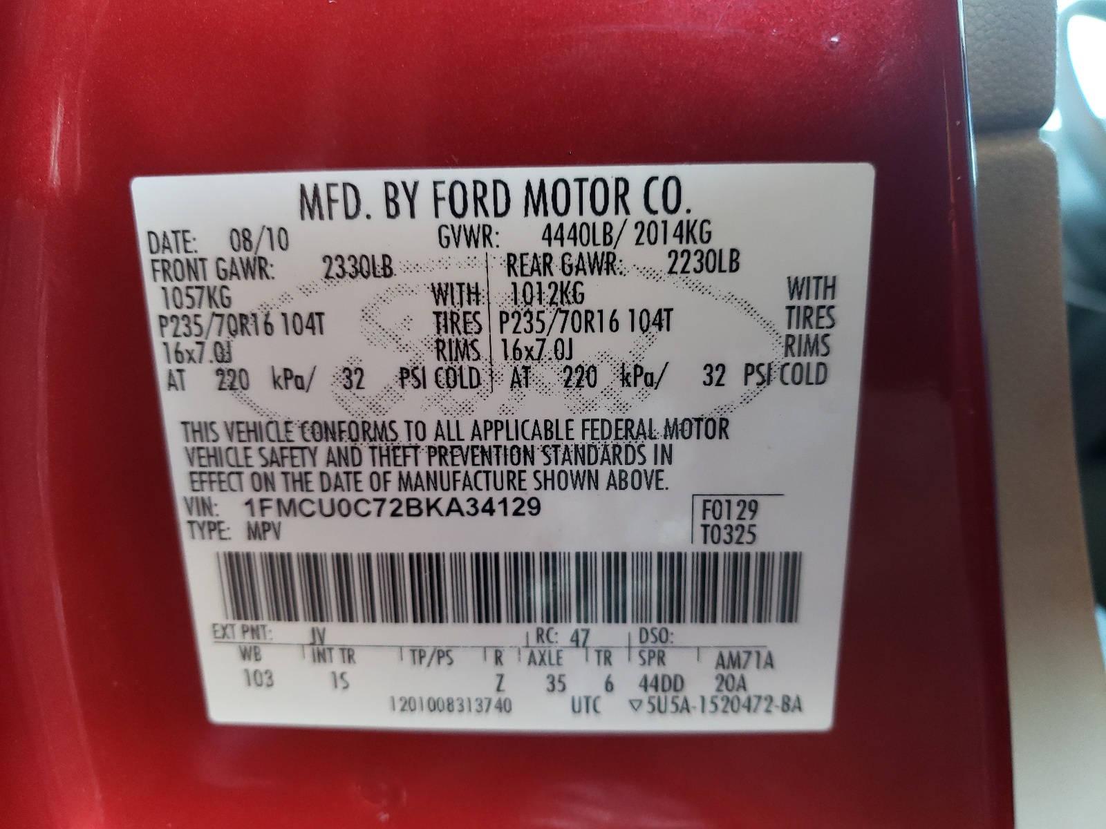Photo 10 from auction – 2011 FORD ESCAPE XLS with VIN 1FMCU0C72BKA34129