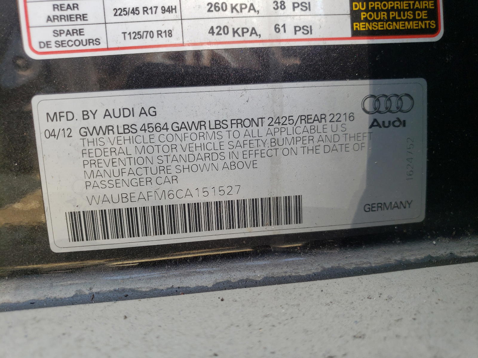 Photo 10 from auction – 2012 AUDI A3 PREMIUM with VIN WAUBEAFM6CA151527