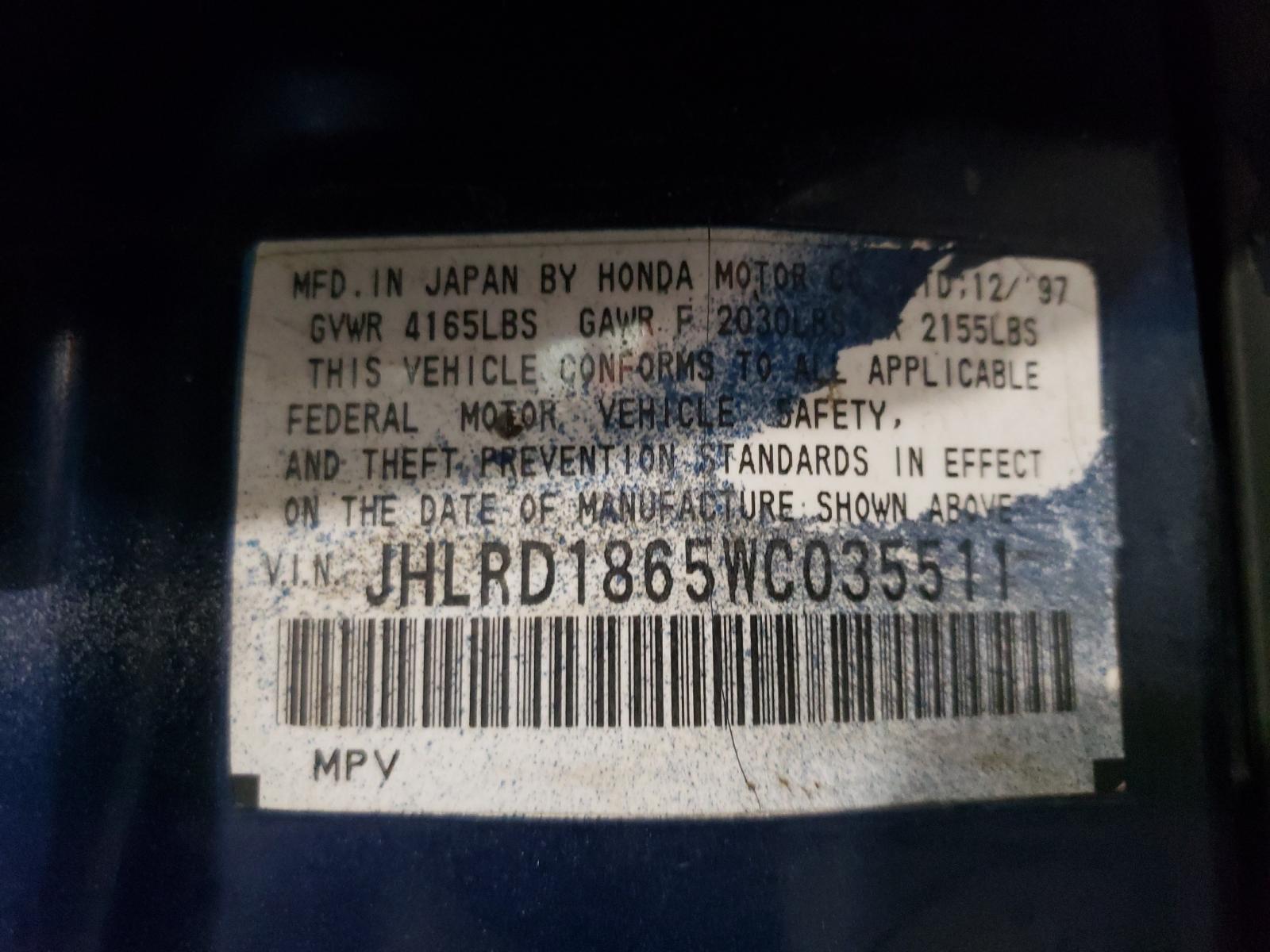 Photo 10 from auction – 1998 HONDA CR-V EX with VIN JHLRD1865WC035511