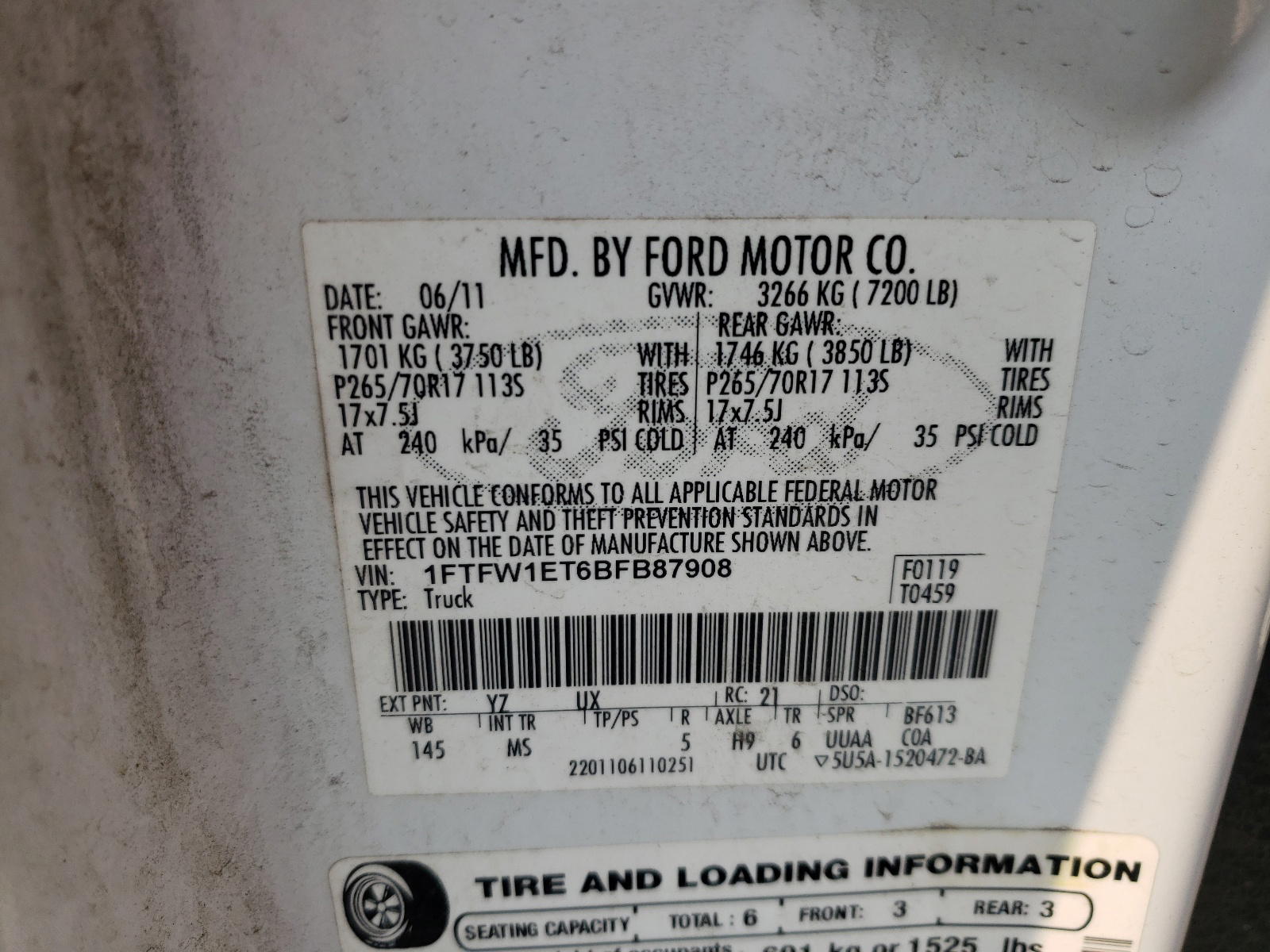 Photo 10 from auction – 2011 FORD F150 SUPER with VIN 1FTFW1ET6BFB87908