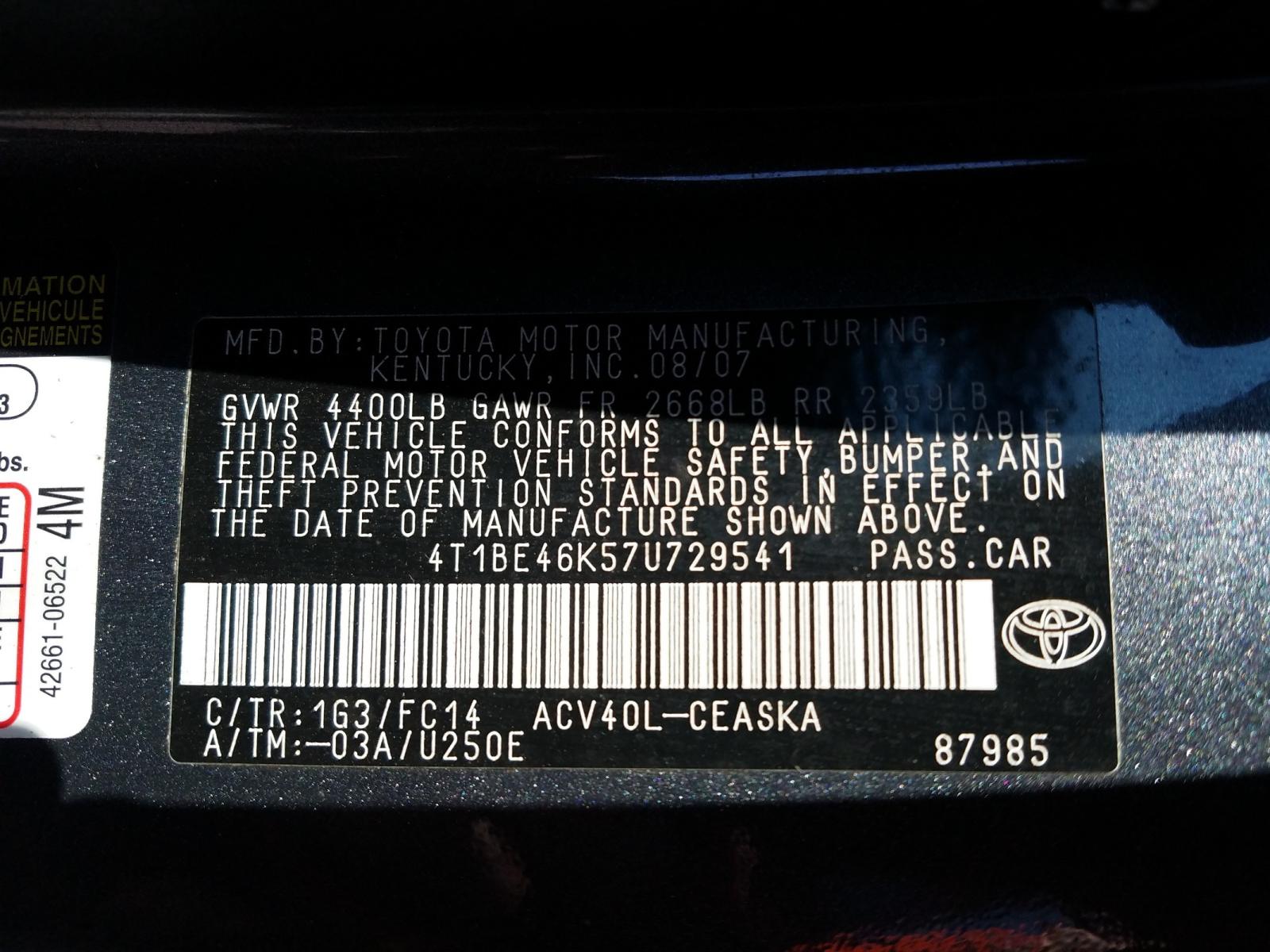 Photo 10 from auction – 2007 TOYOTA CAMRY SE with VIN 4T1BE46K57U729541