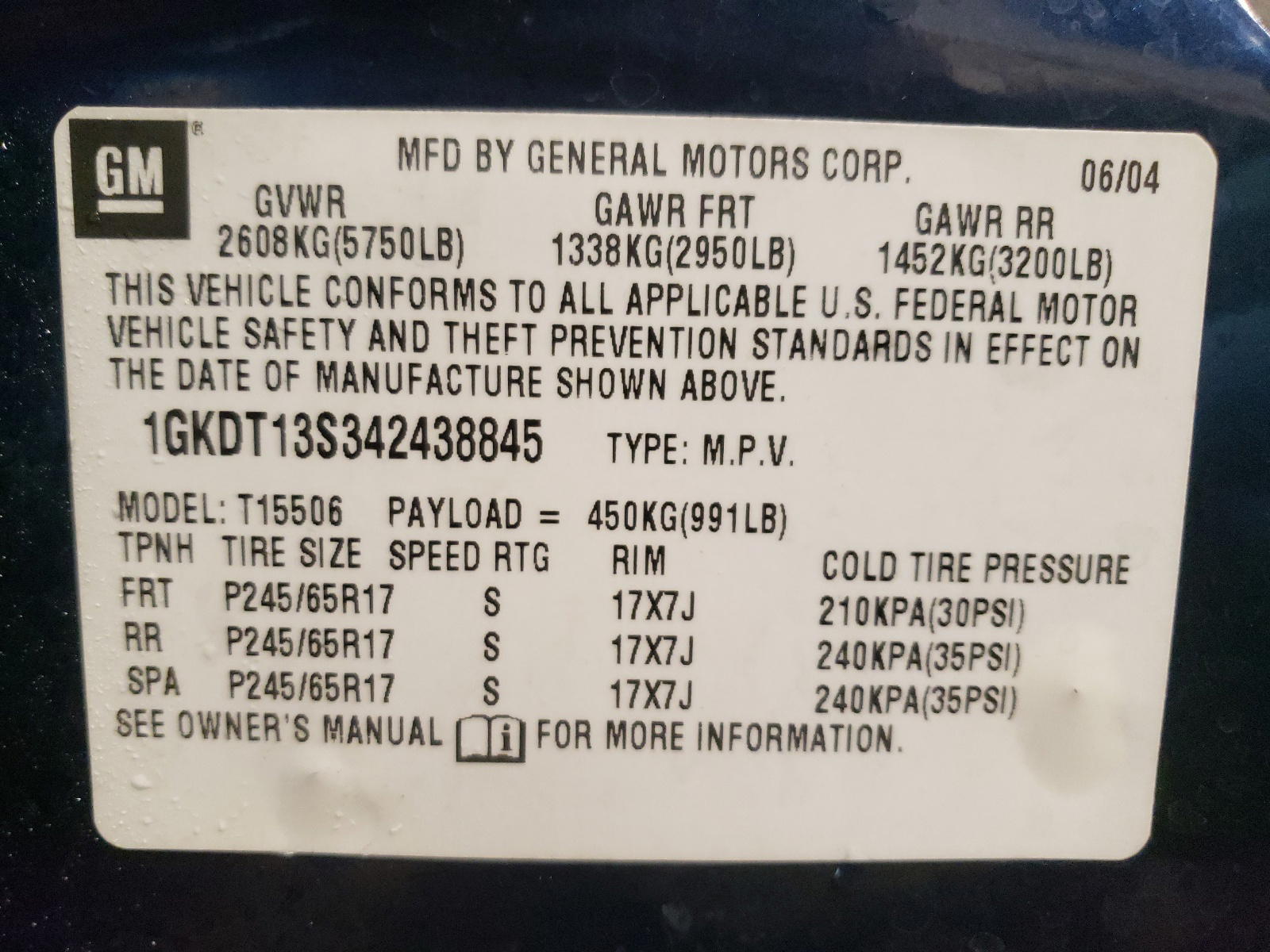 Photo 10 from auction – 2004 GMC ENVOY with VIN 1GKDT13S342438845