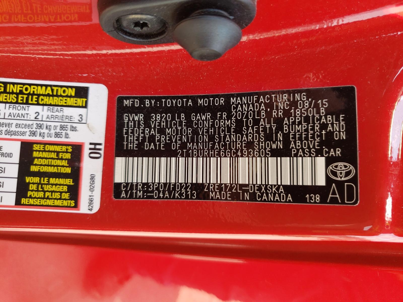 Photo 10 from auction – 2016 TOYOTA COROLLA L with VIN 2T1BURHE6GC493605
