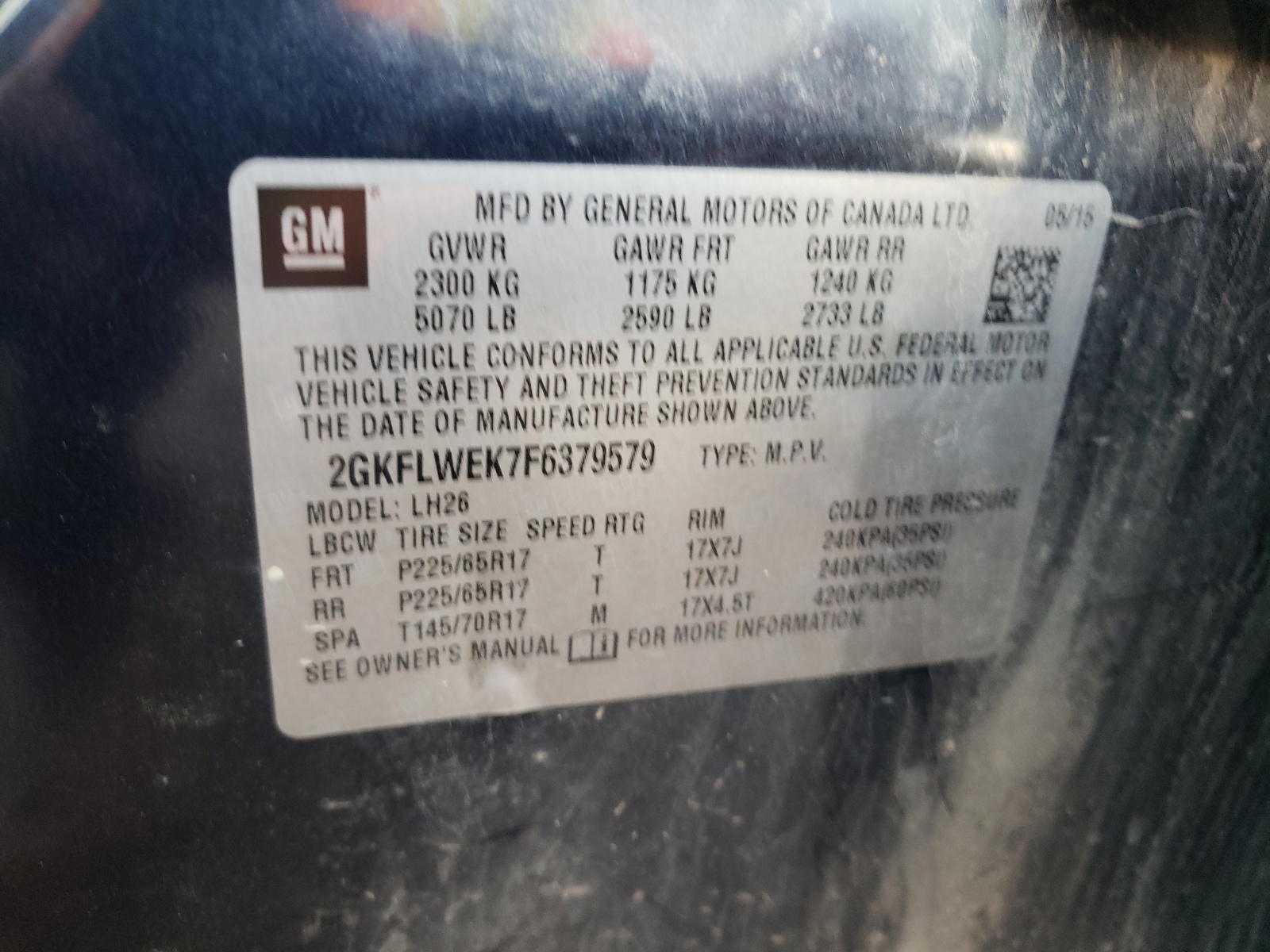 Photo 10 from auction – 2015 GMC TERRAIN SL with VIN 2GKFLWEK7F6379579