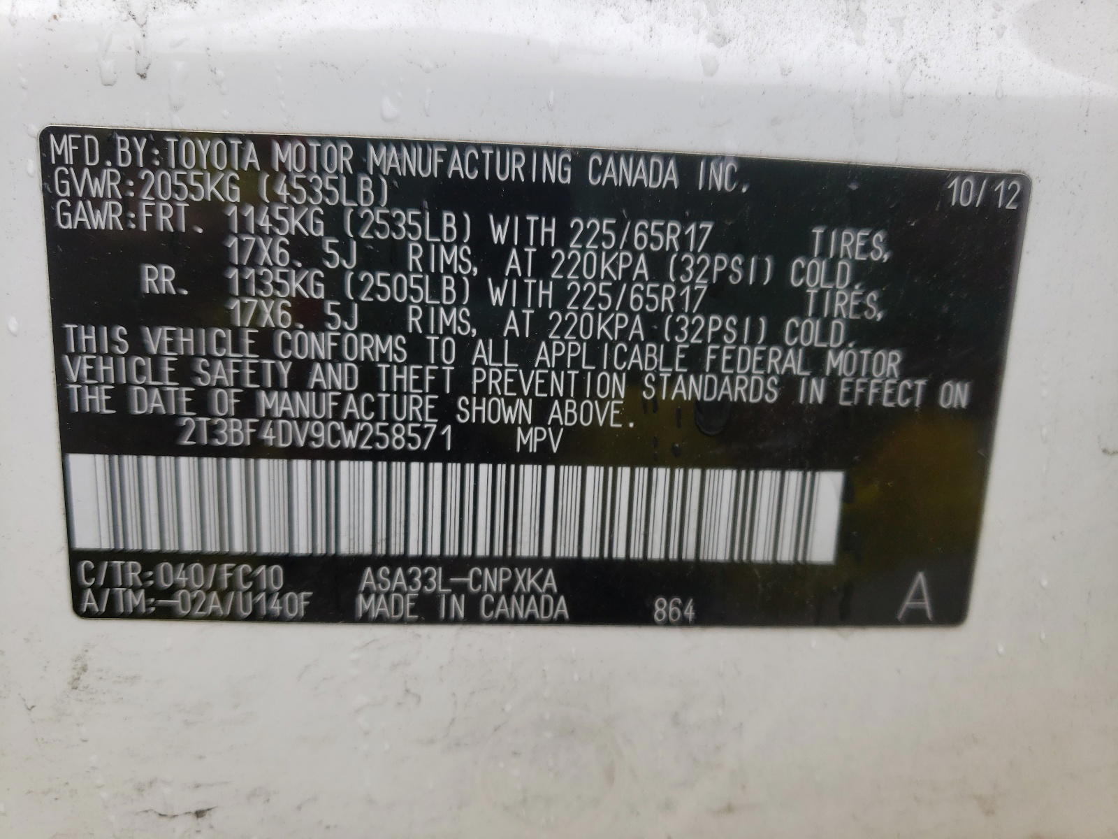 Photo 10 from auction – 2012 TOYOTA RAV4 with VIN 2T3BF4DV9CW258571