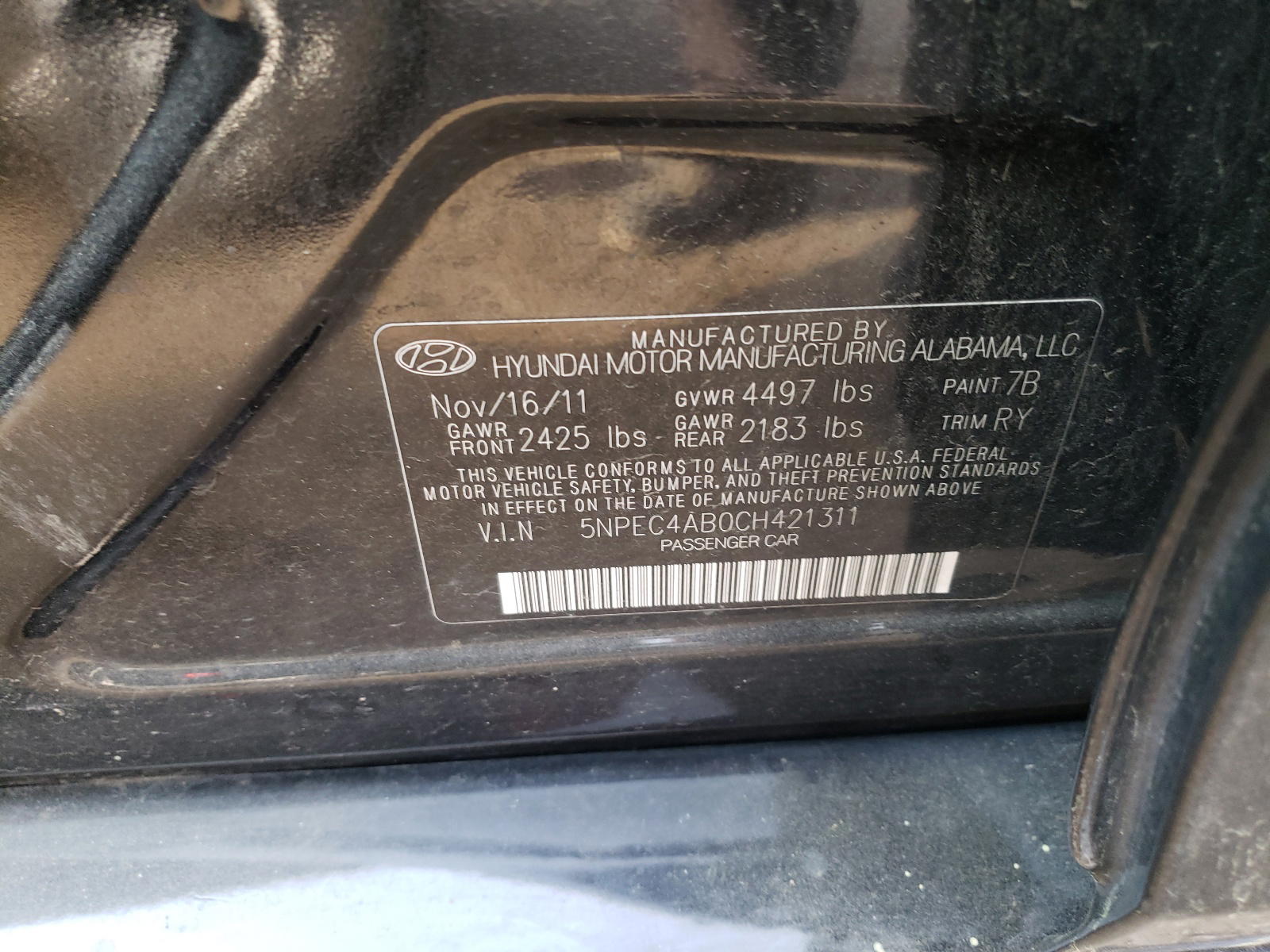 Photo 10 from auction – 2012 HYUNDAI SONATA SE with VIN 5NPEC4AB0CH421311