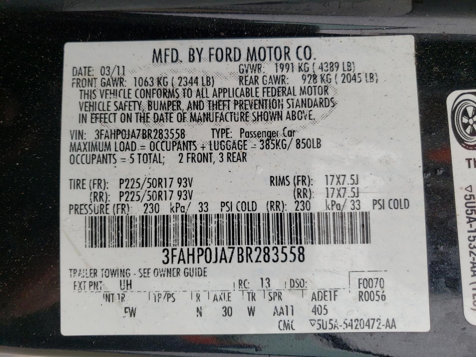 Photo 10 from auction – 2011 FORD FUSION SEL with VIN 3FAHP0JA7BR283558