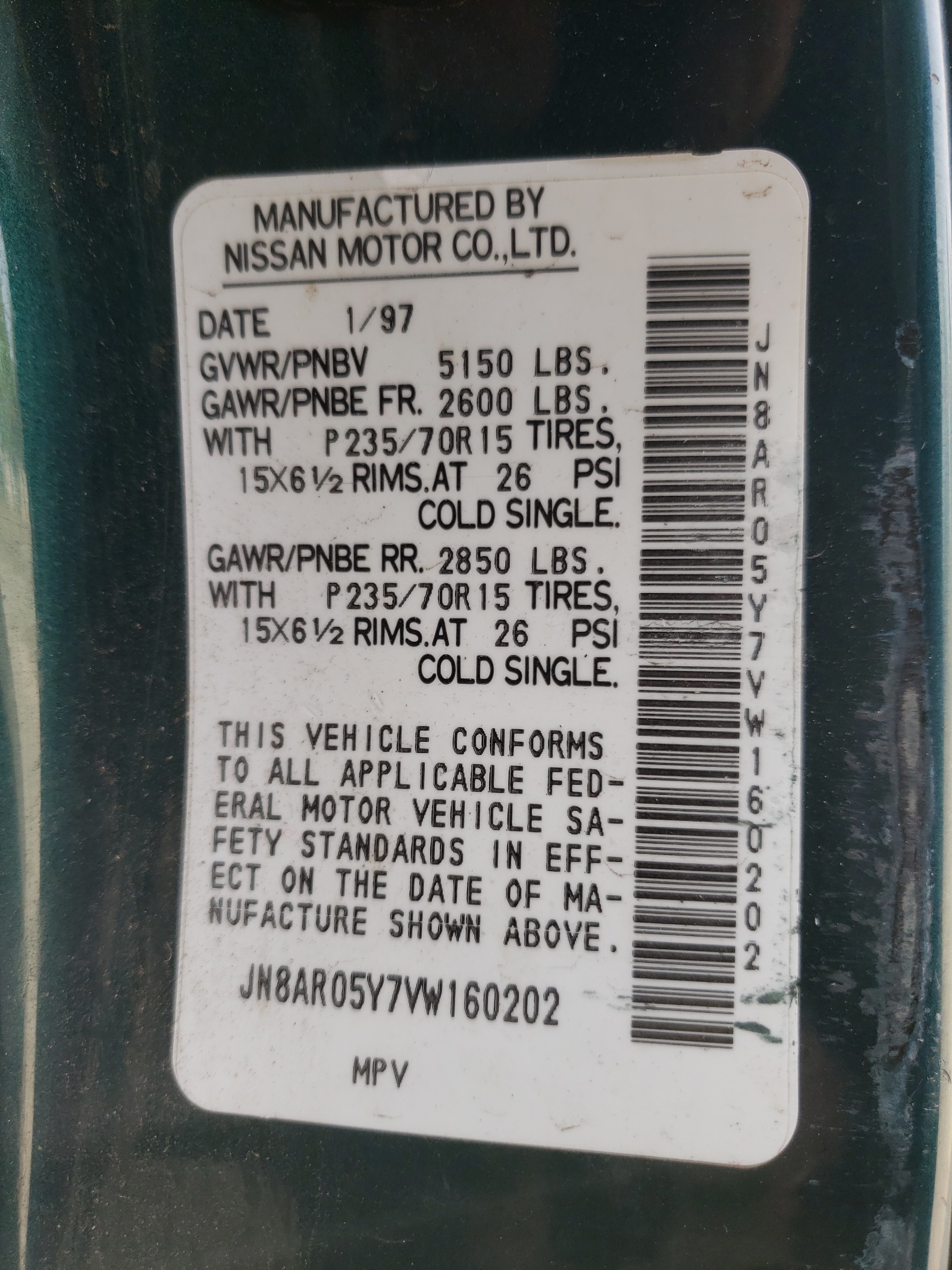 Photo 10 from auction – 1997 NISSAN PATHFINDER with VIN JN8AR05Y7VW160202
