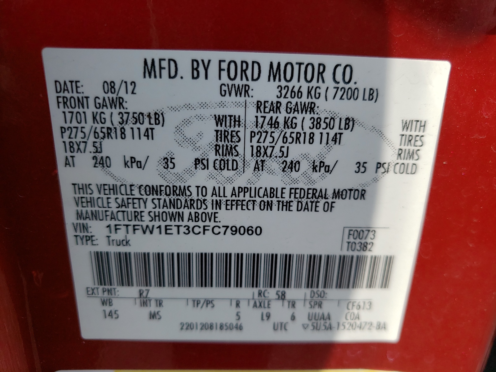 Photo 10 from auction – 2012 FORD F150 SUPER with VIN 1FTFW1ET3CFC79060