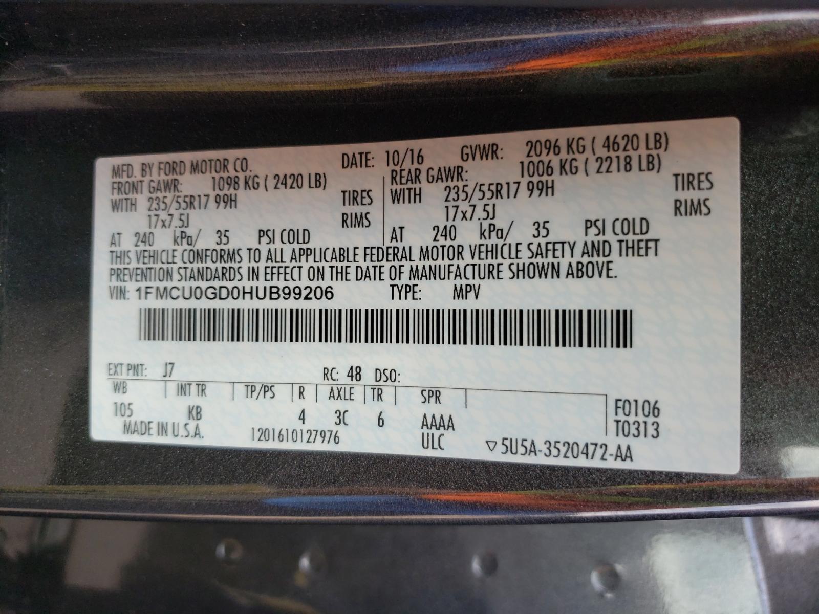 Photo 10 from auction – 2017 FORD ESCAPE SE with VIN 1FMCU0GD0HUB99206