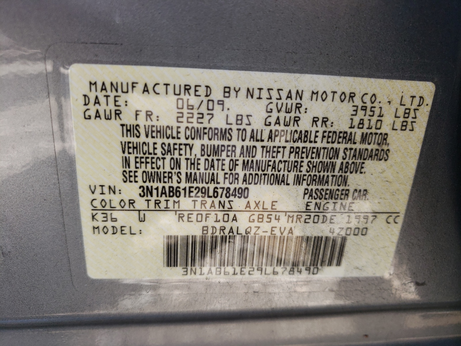 Photo 10 from auction – 2009 NISSAN SENTRA 2.0 with VIN 3N1AB61E29L678490
