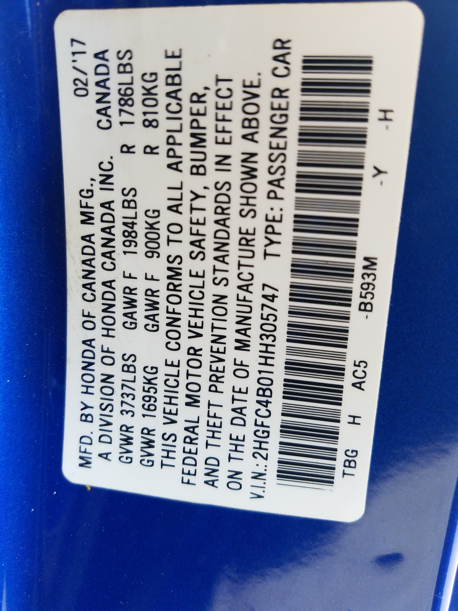 Photo 10 from auction – 2017 HONDA CIVIC LX with VIN 2HGFC4B01HH305747