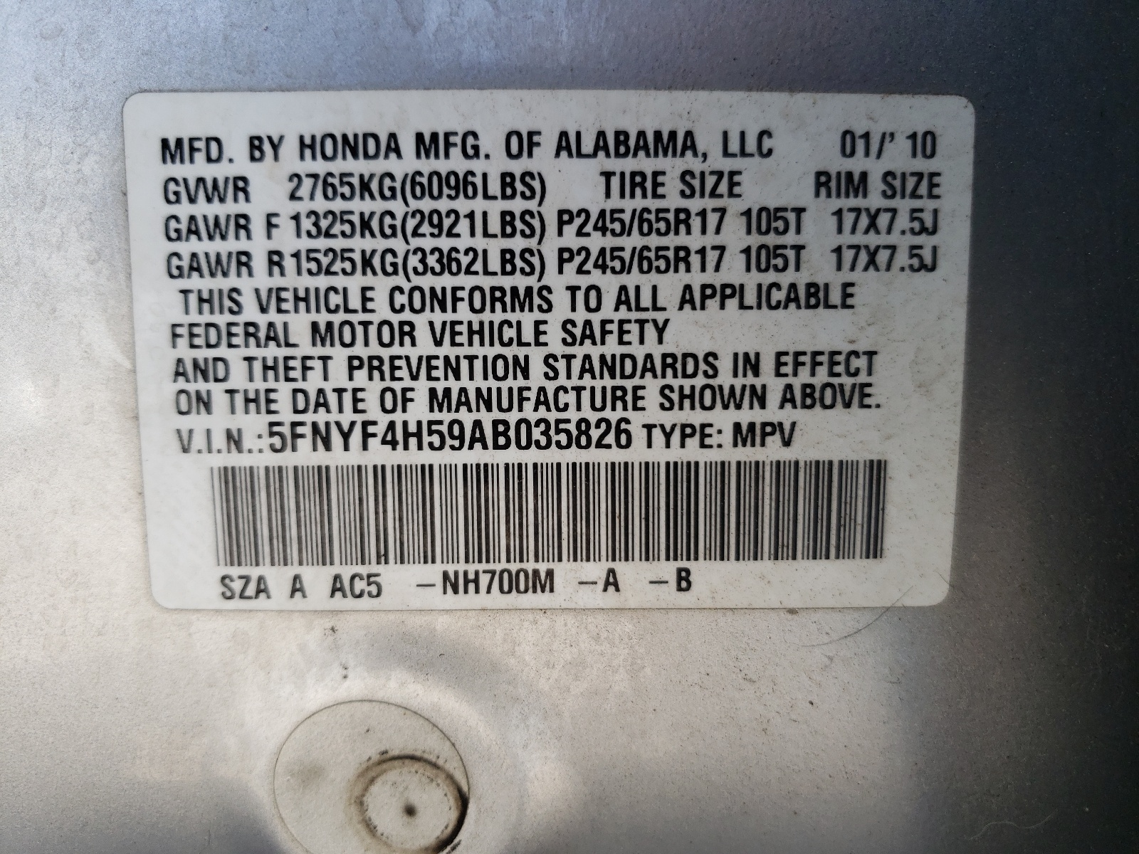 Photo 10 from auction – 2010 HONDA PILOT EXL with VIN 5FNYF4H59AB035826