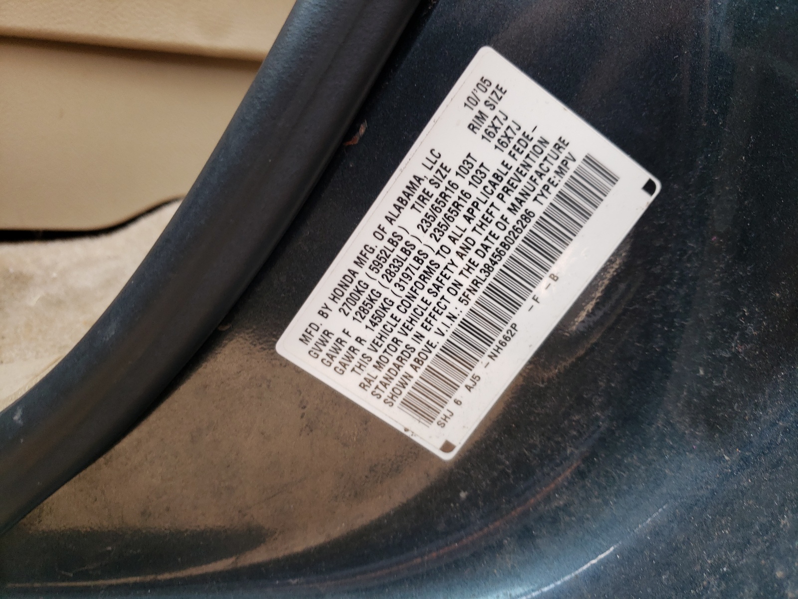 Photo 10 from auction – 2006 HONDA ODYSSEY EX with VIN 5FNRL38456B026286