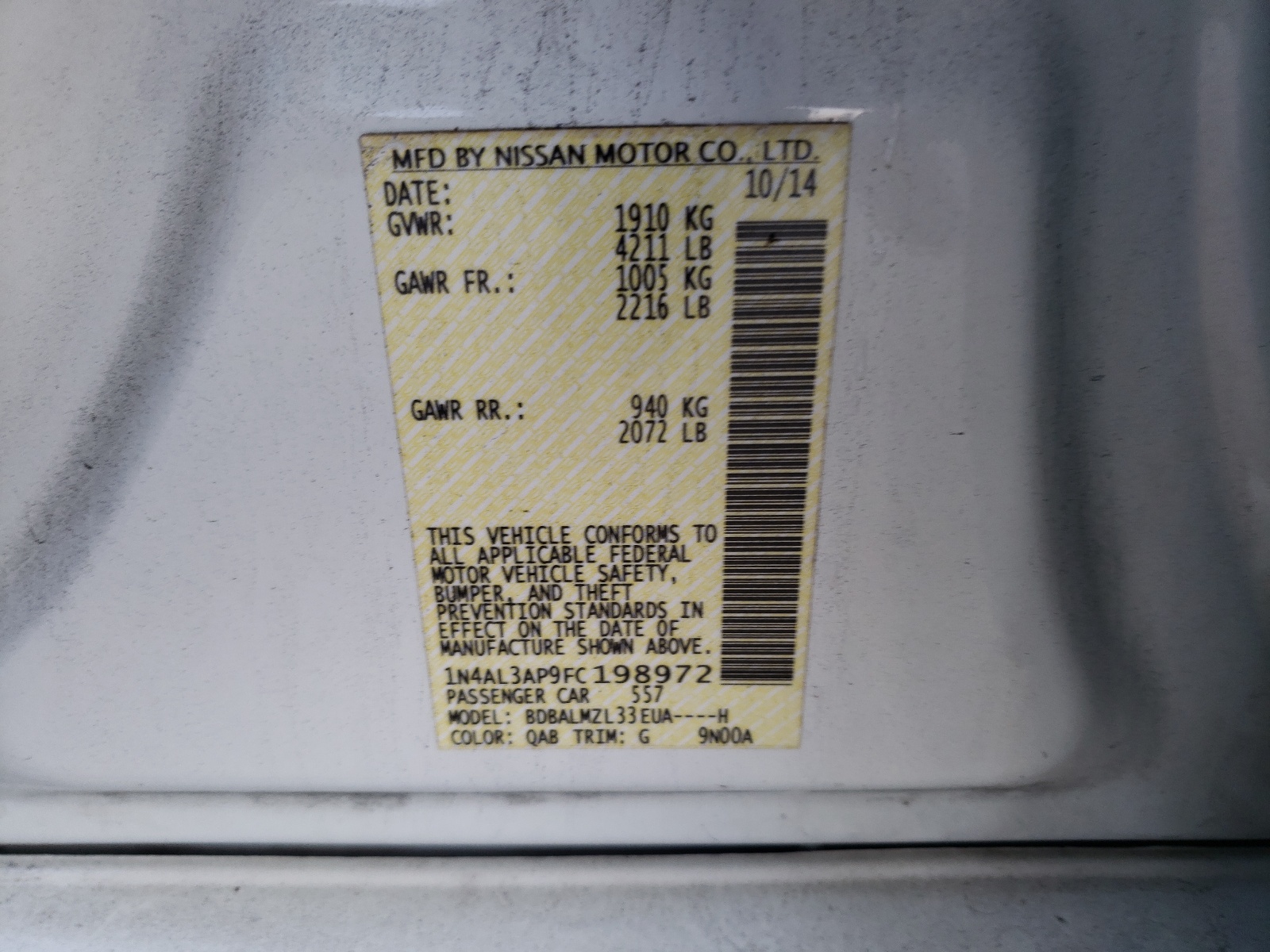 Photo 10 from auction – 2015 NISSAN ALTIMA 2.5 with VIN 1N4AL3AP9FC198972