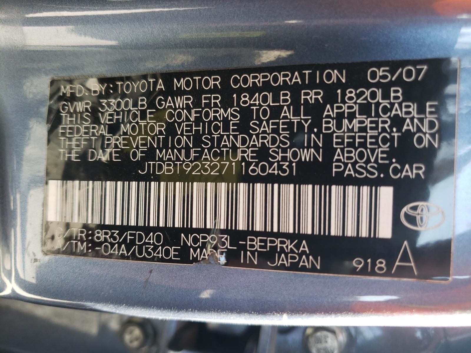 Photo 10 from auction – 2007 TOYOTA YARIS with VIN JTDBT923271160431