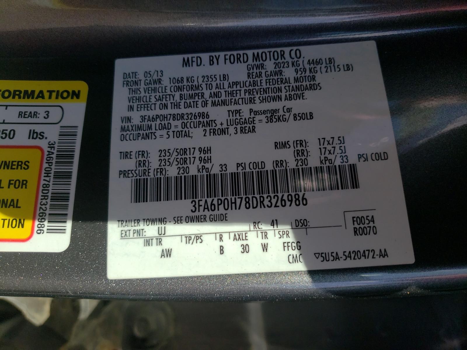 Photo 10 from auction – 2013 FORD FUSION SE with VIN 3FA6P0H78DR326986