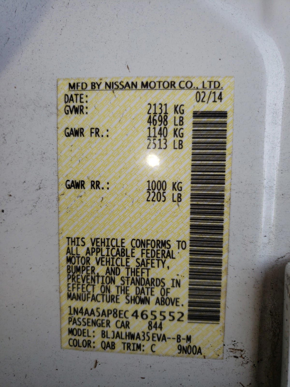 Photo 10 from auction – 2014 NISSAN MAXIMA S with VIN 1N4AA5AP8EC465552