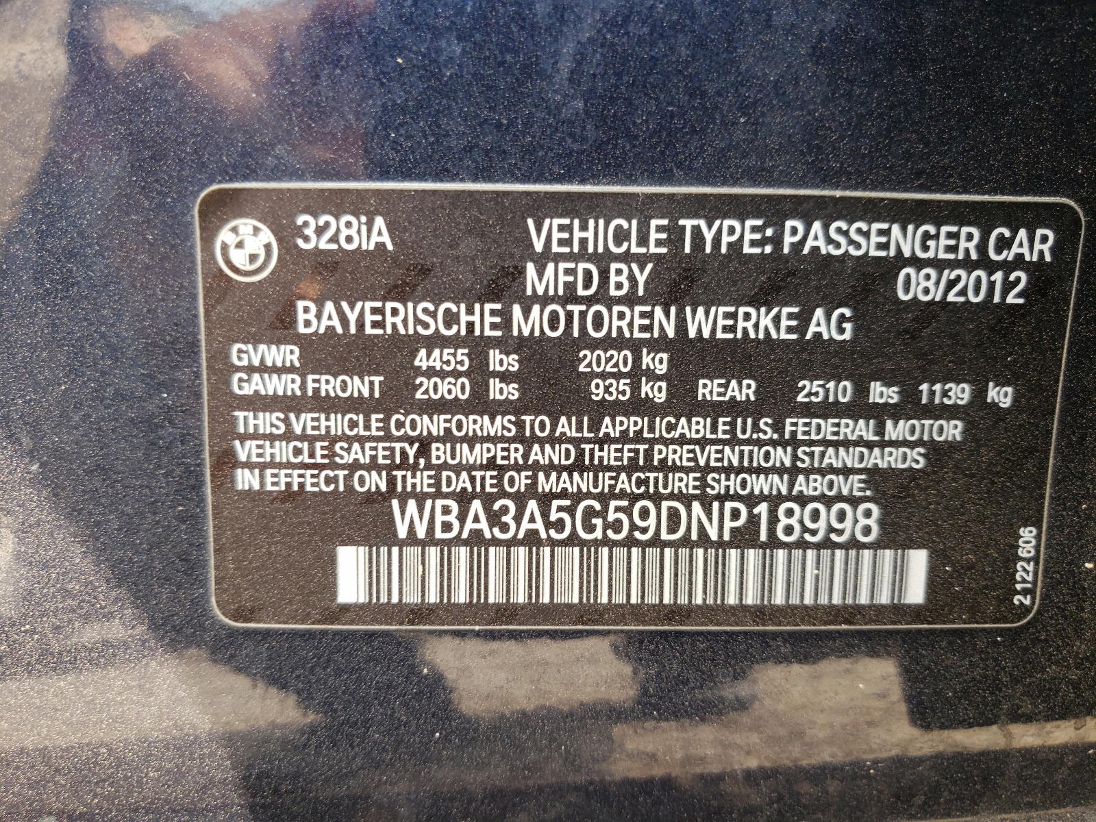 Photo 10 from auction – 2013 BMW 328 I with VIN WBA3A5G59DNP18998
