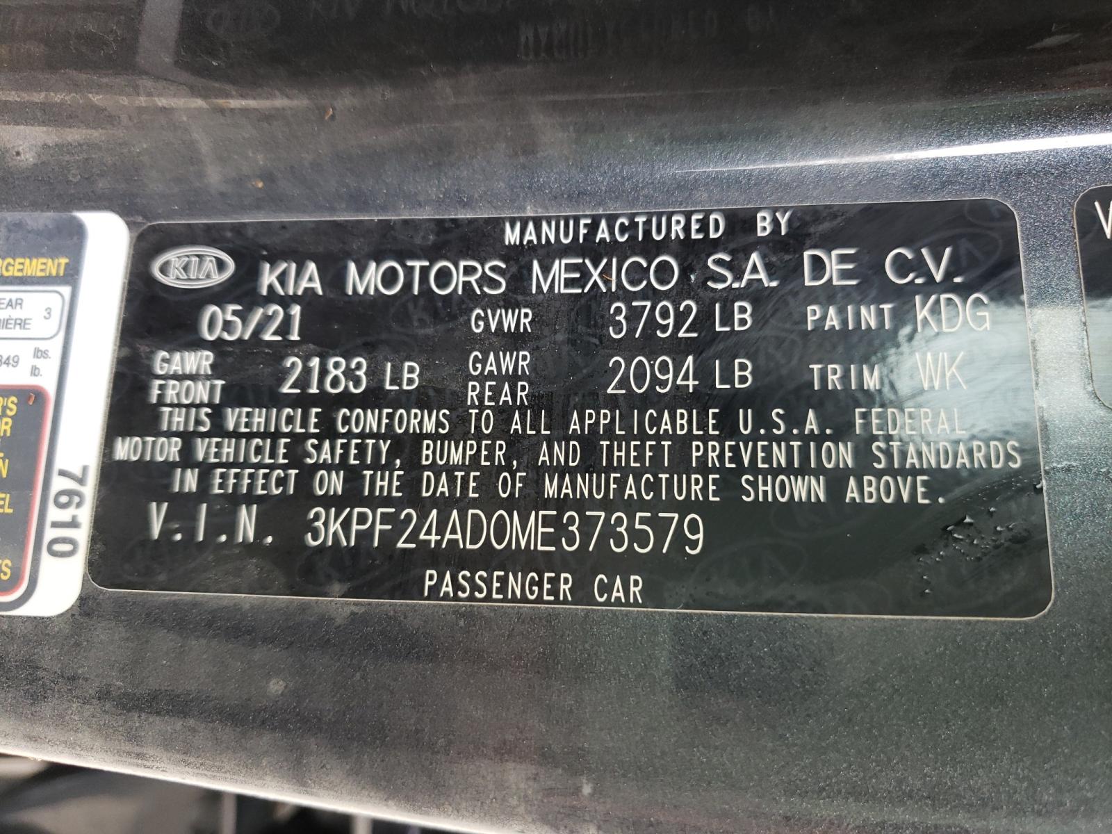 Photo 10 from auction – 2021 KIA FORTE FE with VIN 3KPF24AD0ME373579
