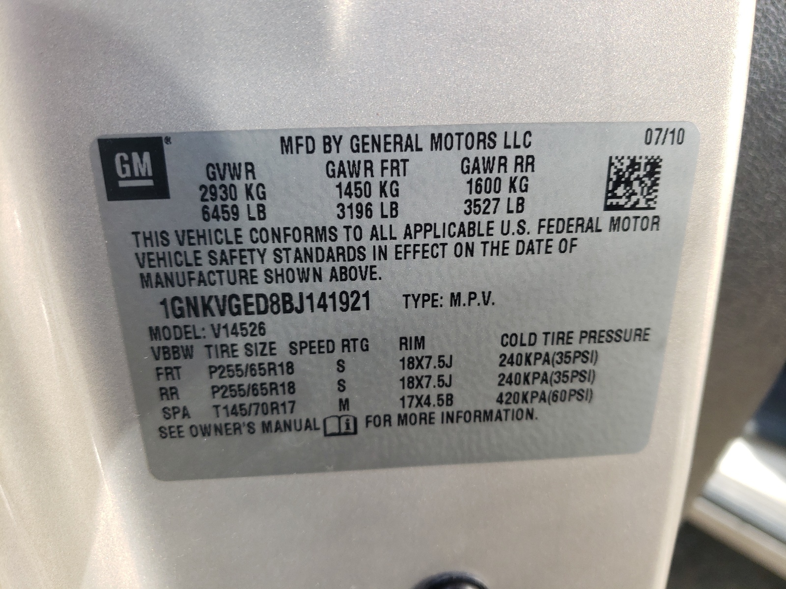 Photo 10 from auction – 2011 CHEVROLET TRAVERSE L with VIN 1GNKVGED8BJ141921
