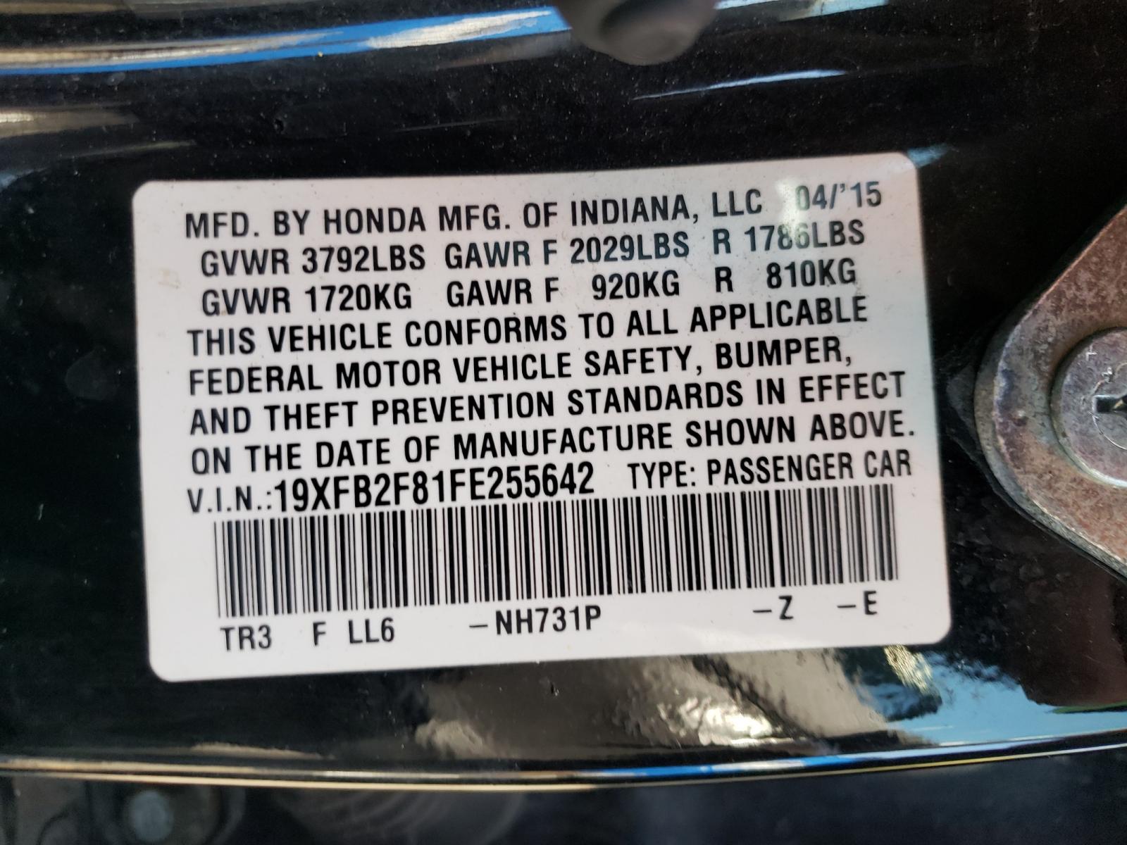 Photo 10 from auction – 2015 HONDA CIVIC EX with VIN 19XFB2F81FE255642