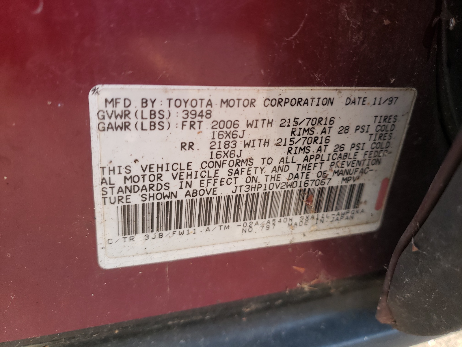 Photo 10 from auction – 1998 TOYOTA RAV4 with VIN JT3HP10V2W0167067