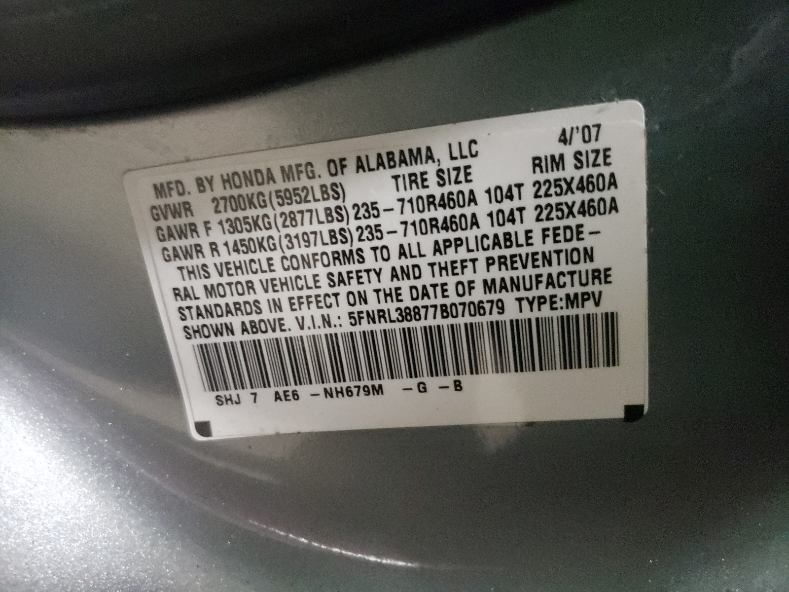 Photo 10 from auction – 2007 HONDA ODYSSEY TO with VIN 5FNRL38877B070679