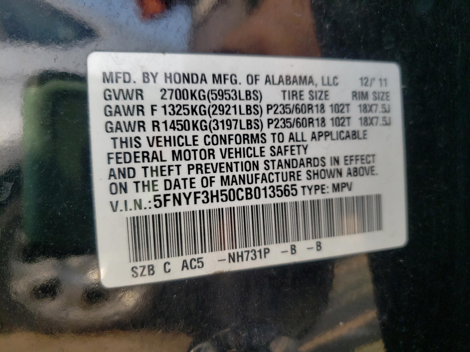 Photo 10 from auction – 2012 HONDA PILOT EXL with VIN 5FNYF3H50CB013565