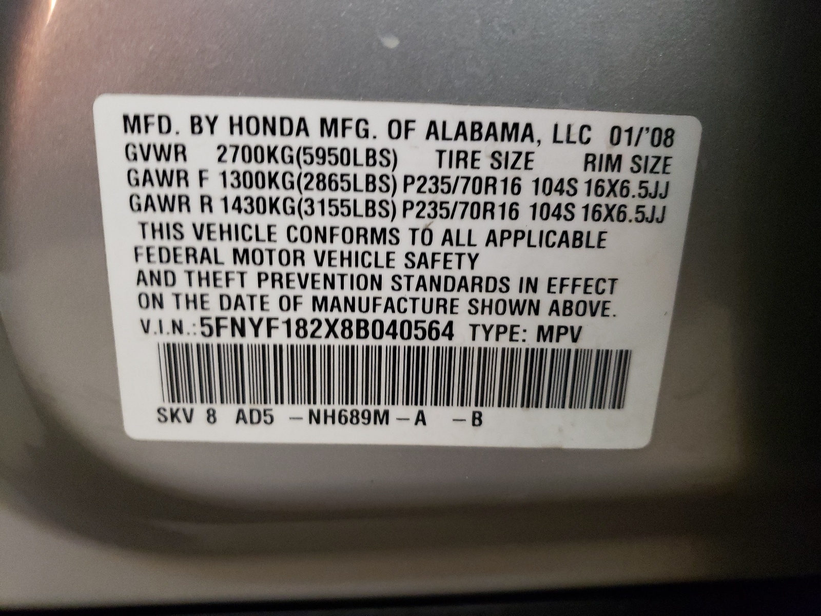 Photo 10 from auction – 2008 HONDA PILOT VP with VIN 5FNYF182X8B040564