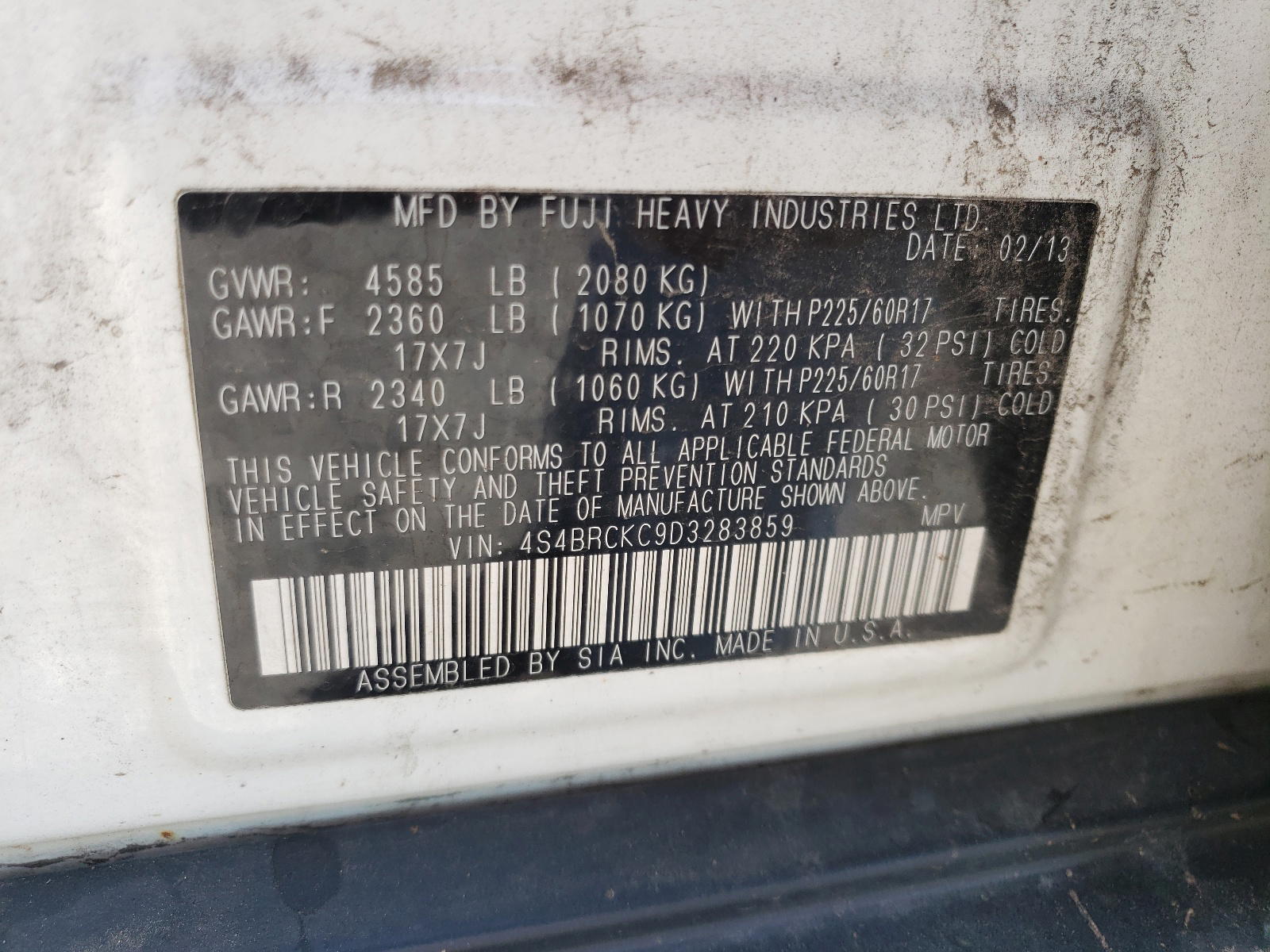 Photo 10 from auction – 2013 SUBARU OUTBACK 2. with VIN 4S4BRCKC9D3283859