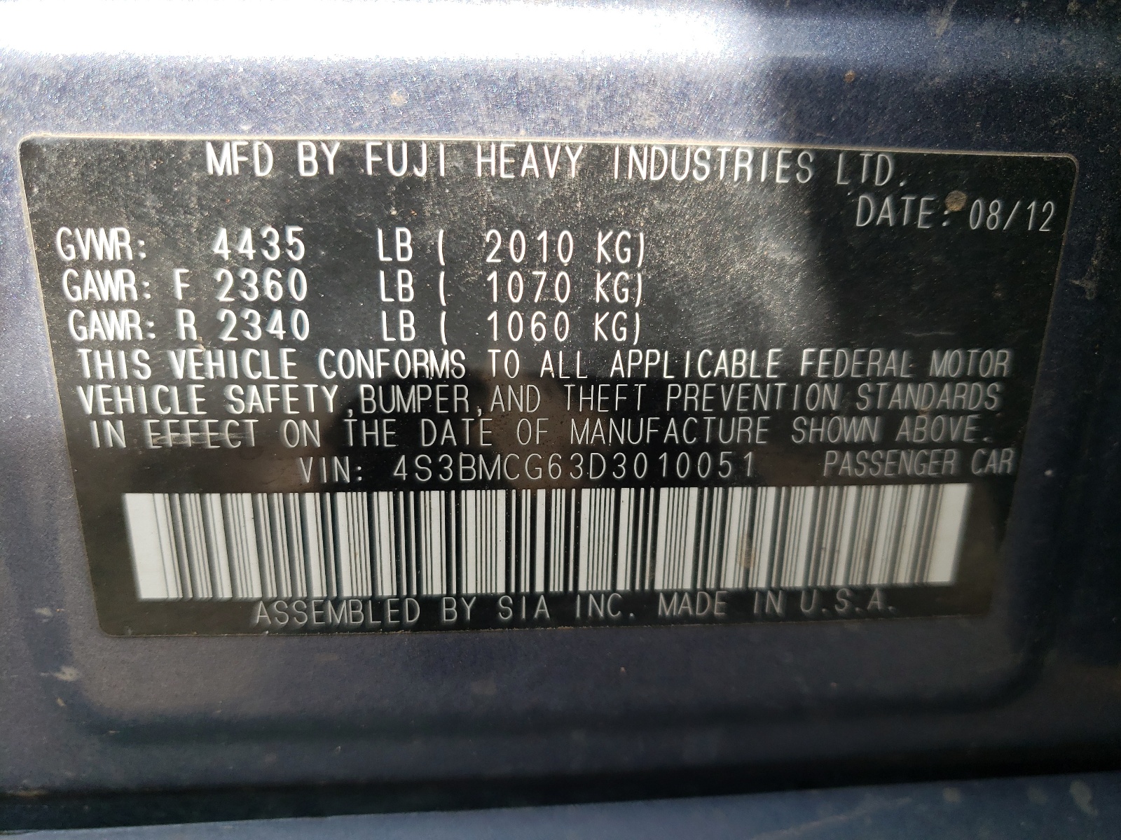 Photo 10 from auction – 2013 SUBARU LEGACY 2.5 with VIN 4S3BMCG63D3010051