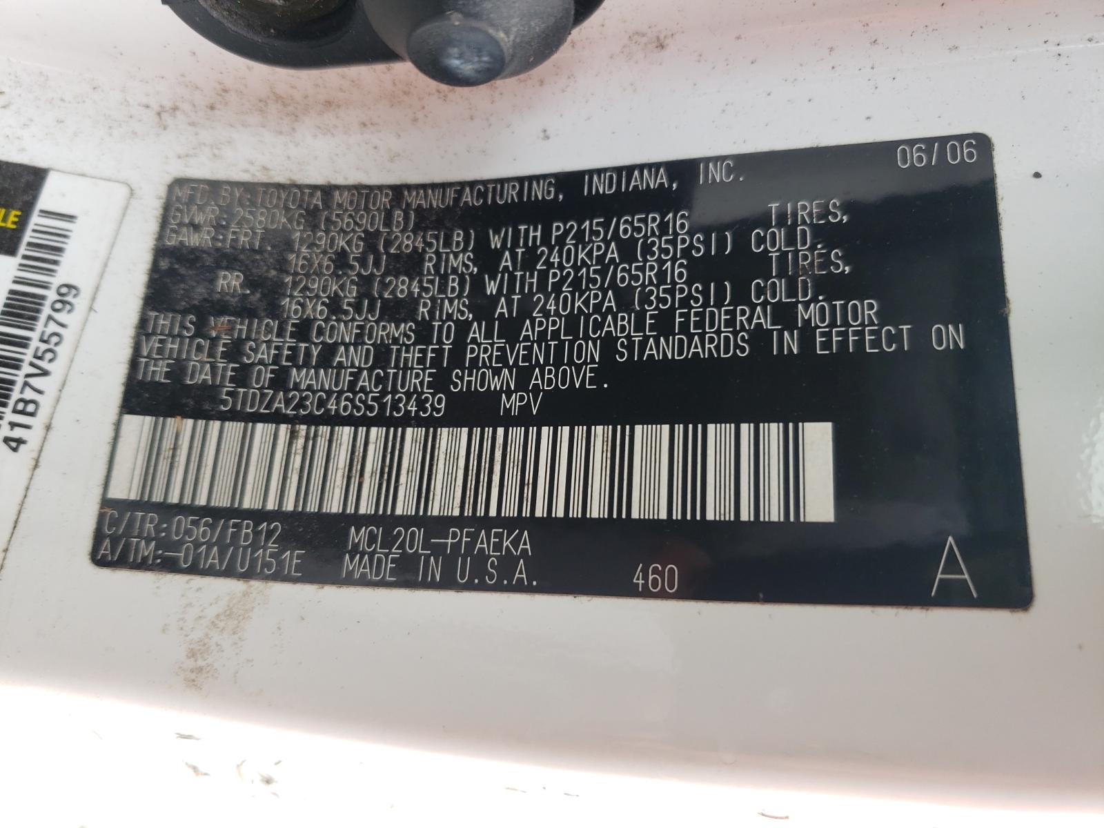 Photo 10 from auction – 2006 TOYOTA SIENNA CE with VIN 5TDZA23C46S513439