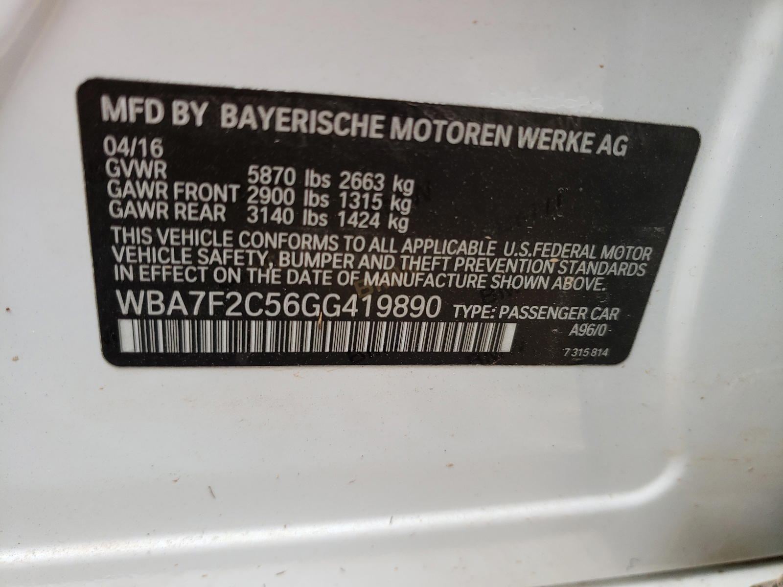 Photo 10 from auction – 2016 BMW 7 SERIES with VIN WBA7F2C56GG419890