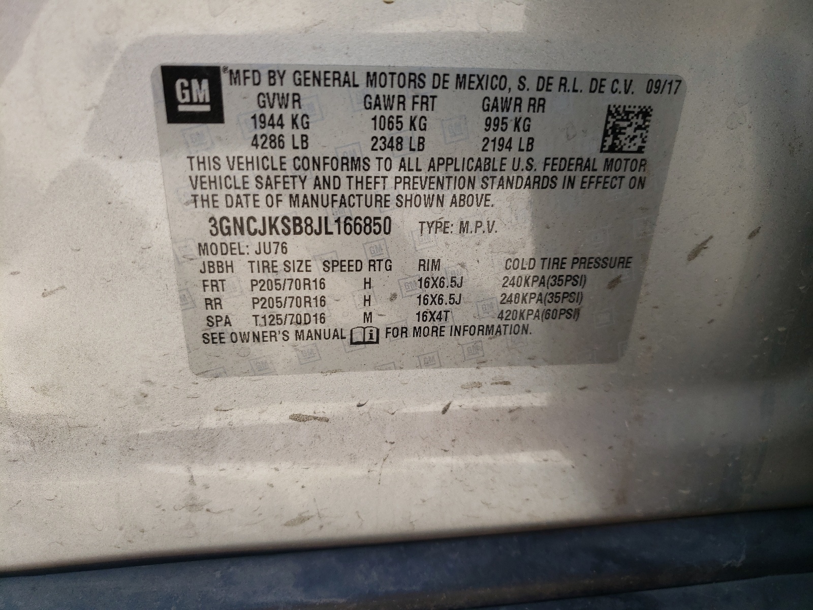 Photo 10 from auction – 2018 CHEVROLET TRAX with VIN 3GNCJKSB8JL166850