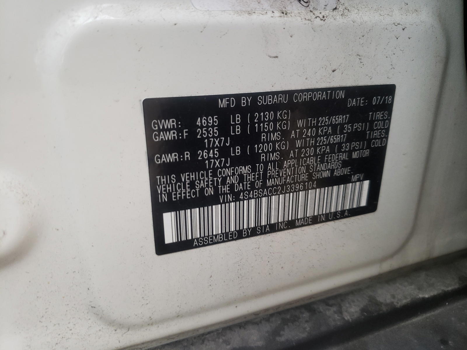 Photo 10 from auction – 2018 SUBARU OUTBACK 2. with VIN 4S4BSACC2J3396104