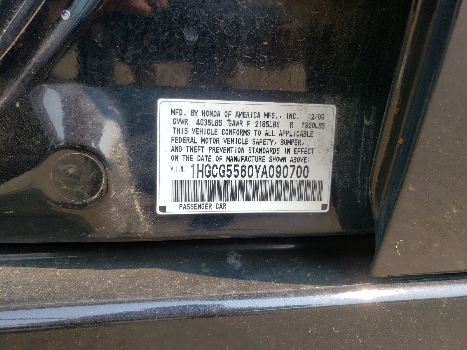 Photo 10 from auction – 2000 HONDA ACCORD EX with VIN 1HGCG5560YA090700