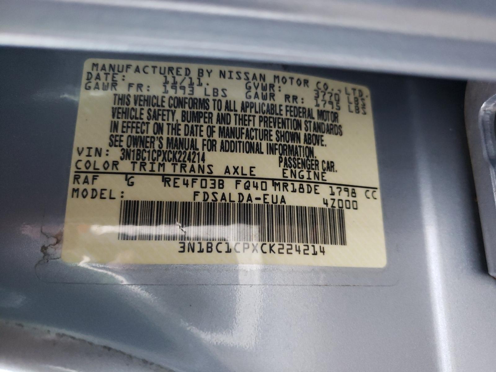 Photo 10 from auction – 2012 NISSAN VERSA S with VIN 3N1BC1CPXCK224214