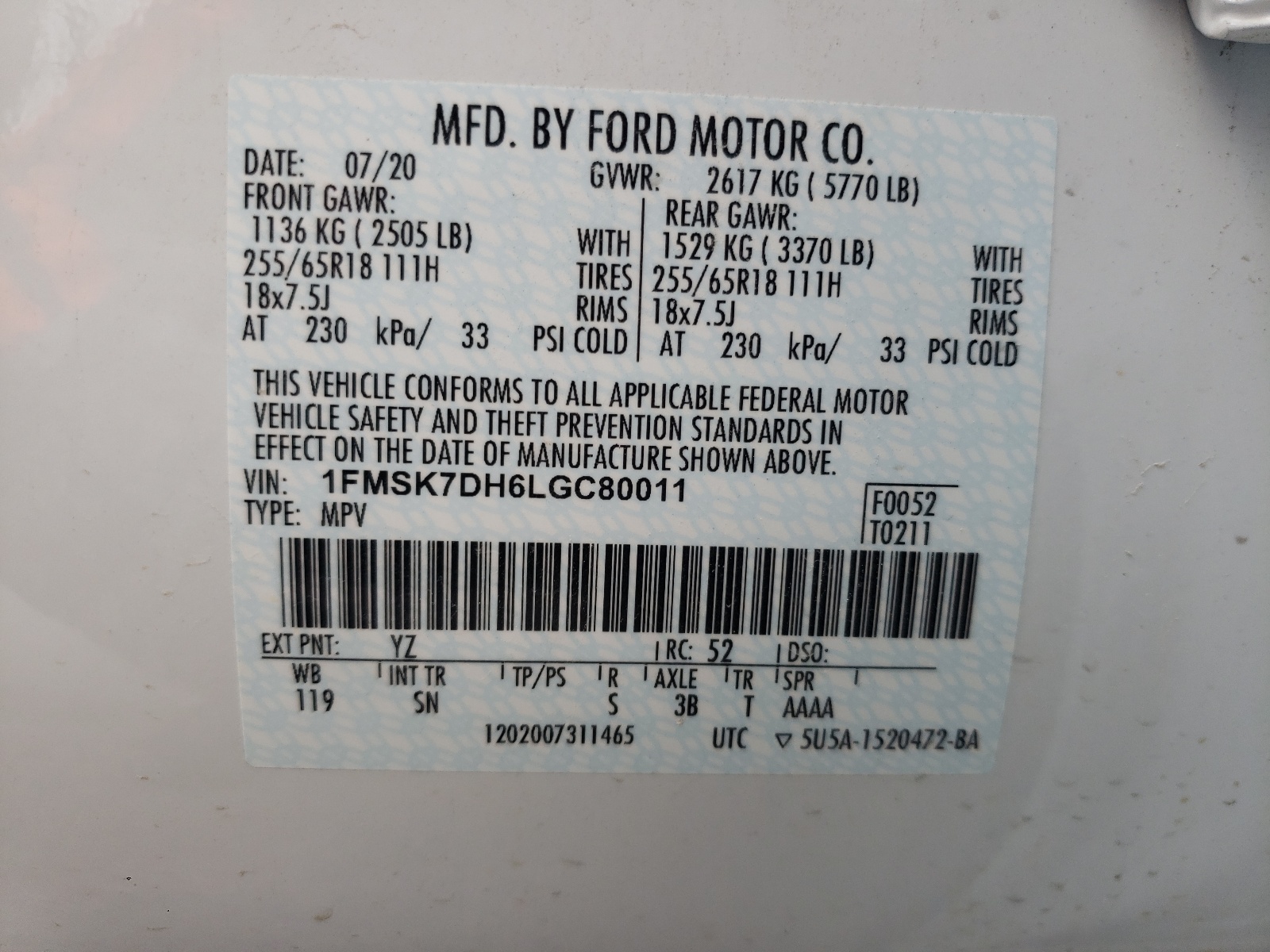 Photo 10 from auction – 2020 FORD EXPLORER X with VIN 1FMSK7DH6LGC80011