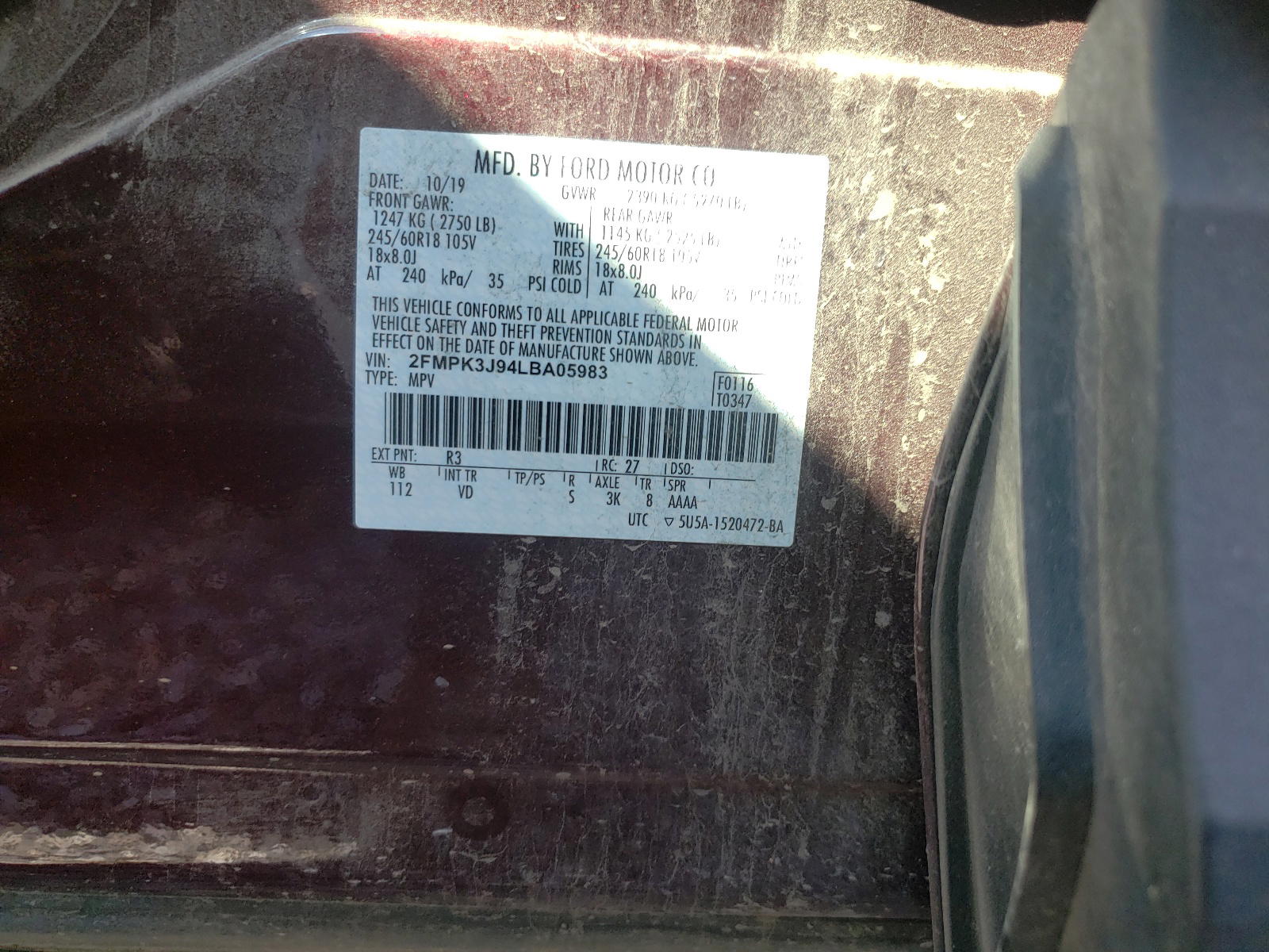 Photo 10 from auction – 2020 FORD EDGE SEL with VIN 2FMPK3J94LBA05983